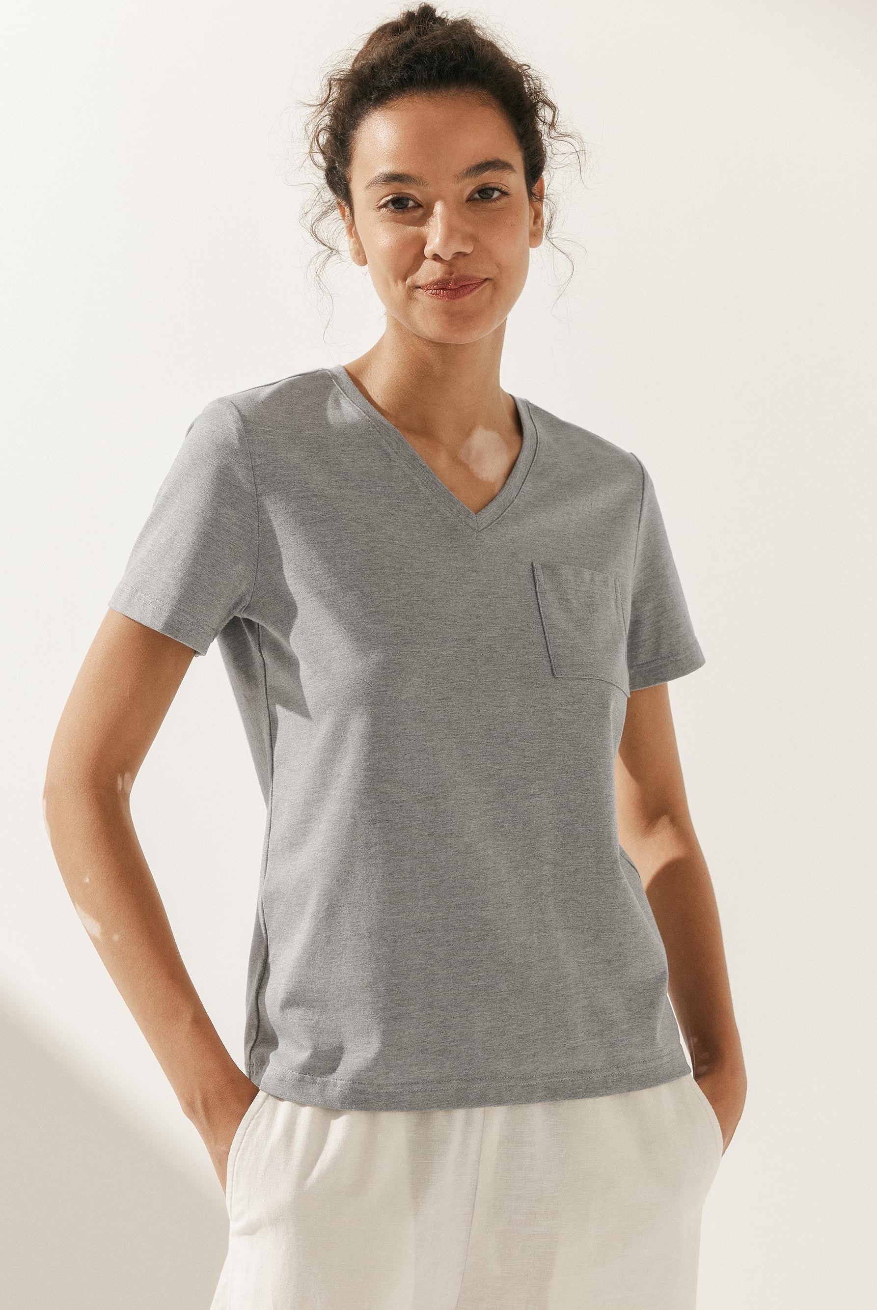 Stretch-Knit Bamboo Classic Basic Tee BELLE - Neutral Grey / V-Neck / S - TOPS-Bamboo Tees