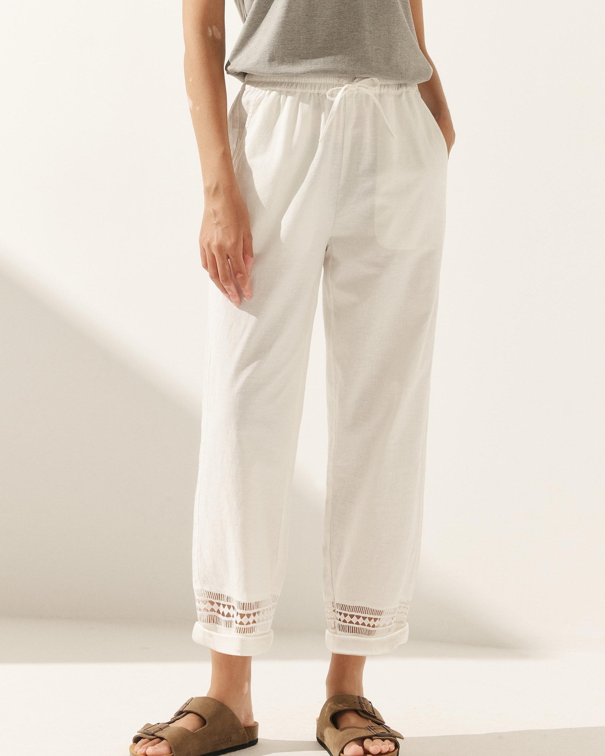 Linen Hollow Lace Stitching Elastic Waist Ankle Length Pants - Optic White / S - BOTTOMS-Linen