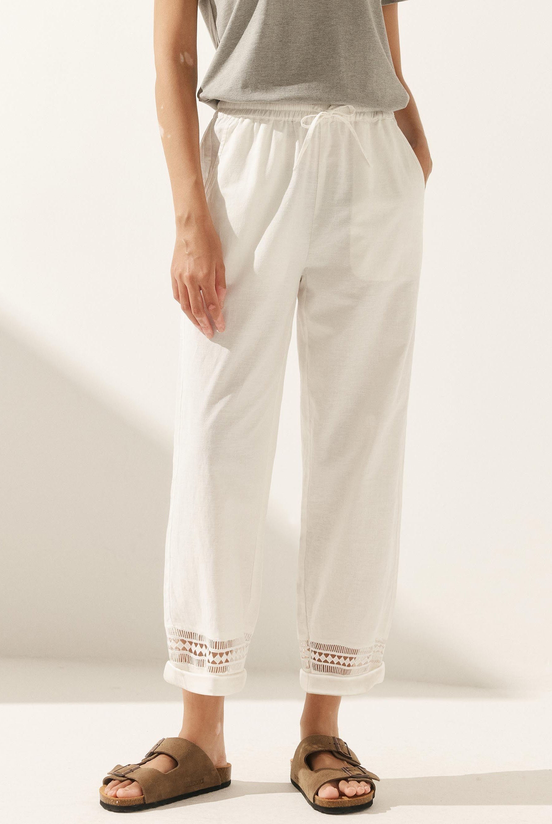 Linen Hollow Lace Stitching Elastic Waist Ankle Length Pants - Optic White / S - BOTTOMS-Linen