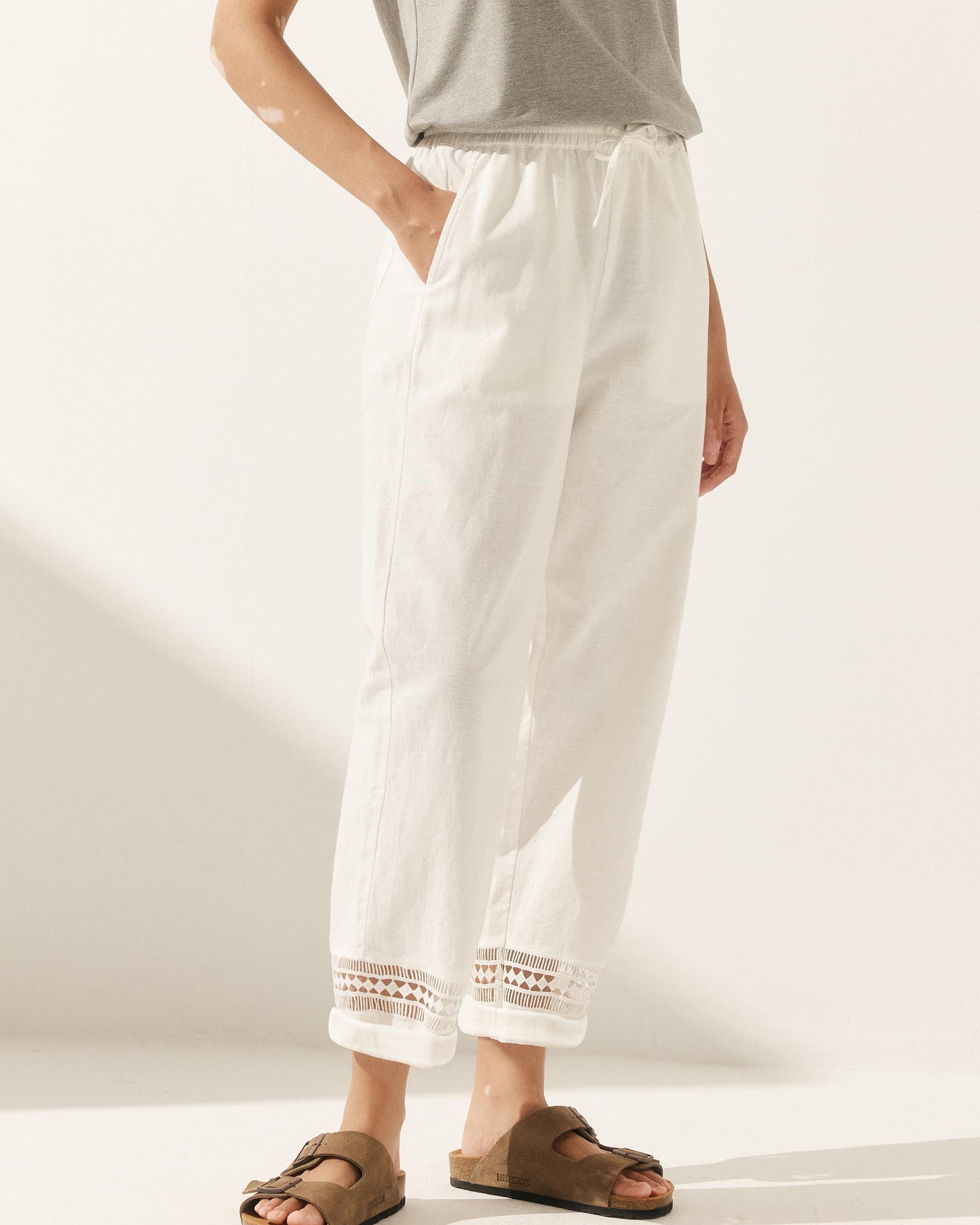 Linen Hollow Lace Stitching Elastic Waist Ankle Length Pants - BOTTOMS-Linen