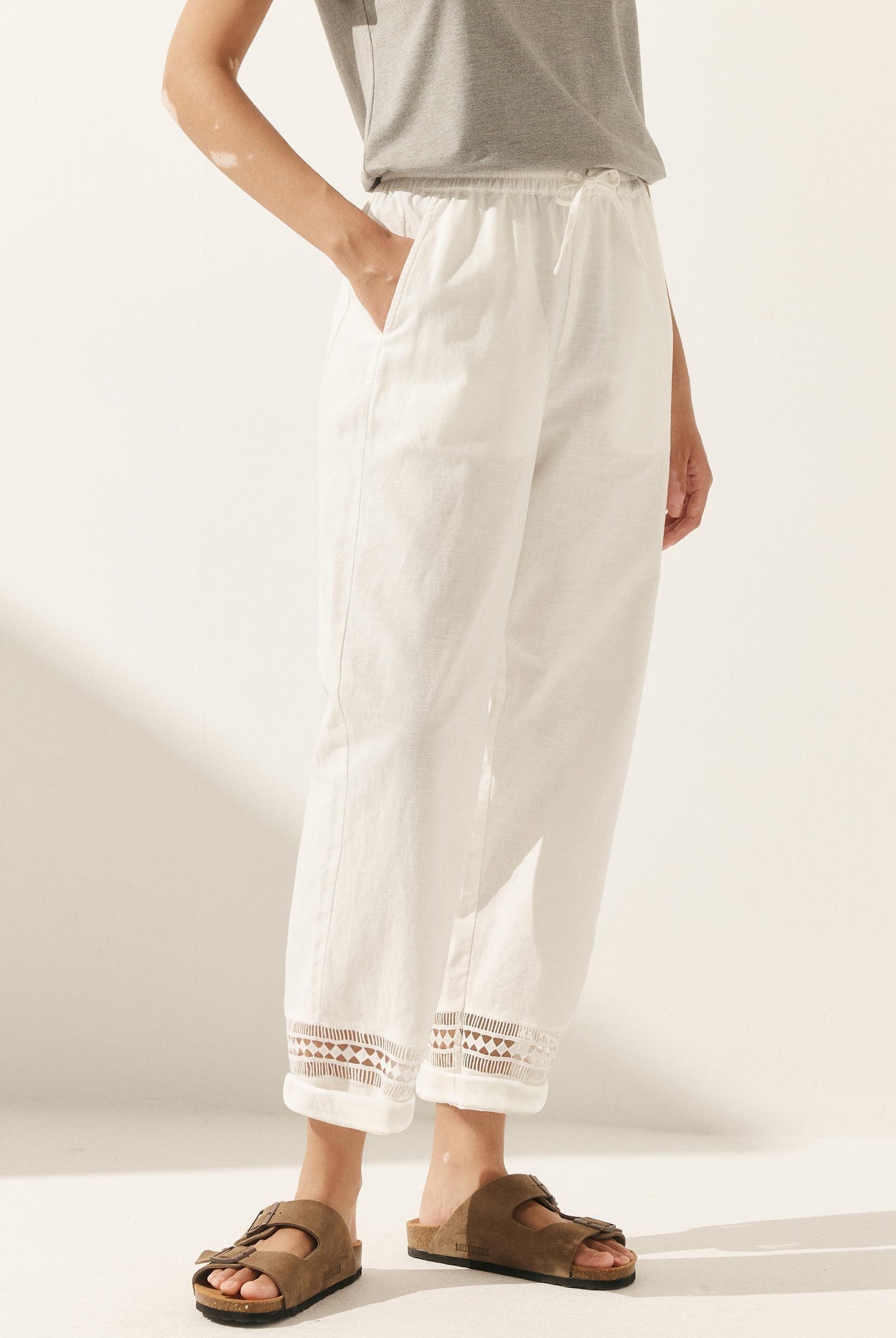 Linen Hollow Lace Stitching Elastic Waist Ankle Length Pants - BOTTOMS-Linen