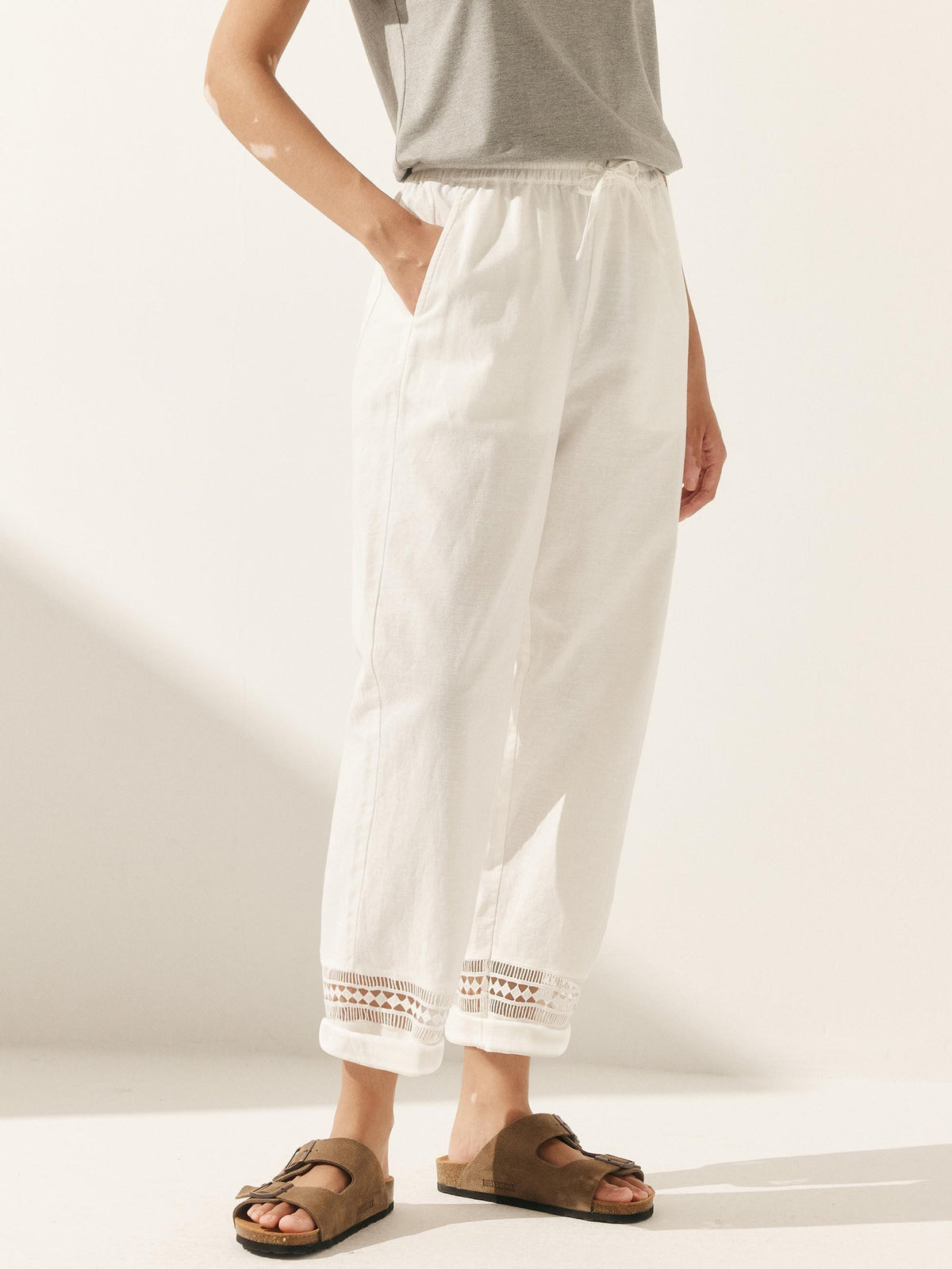 Linen Hollow Lace Stitching Elastic Waist Ankle Length Pants - BOTTOMS-Linen