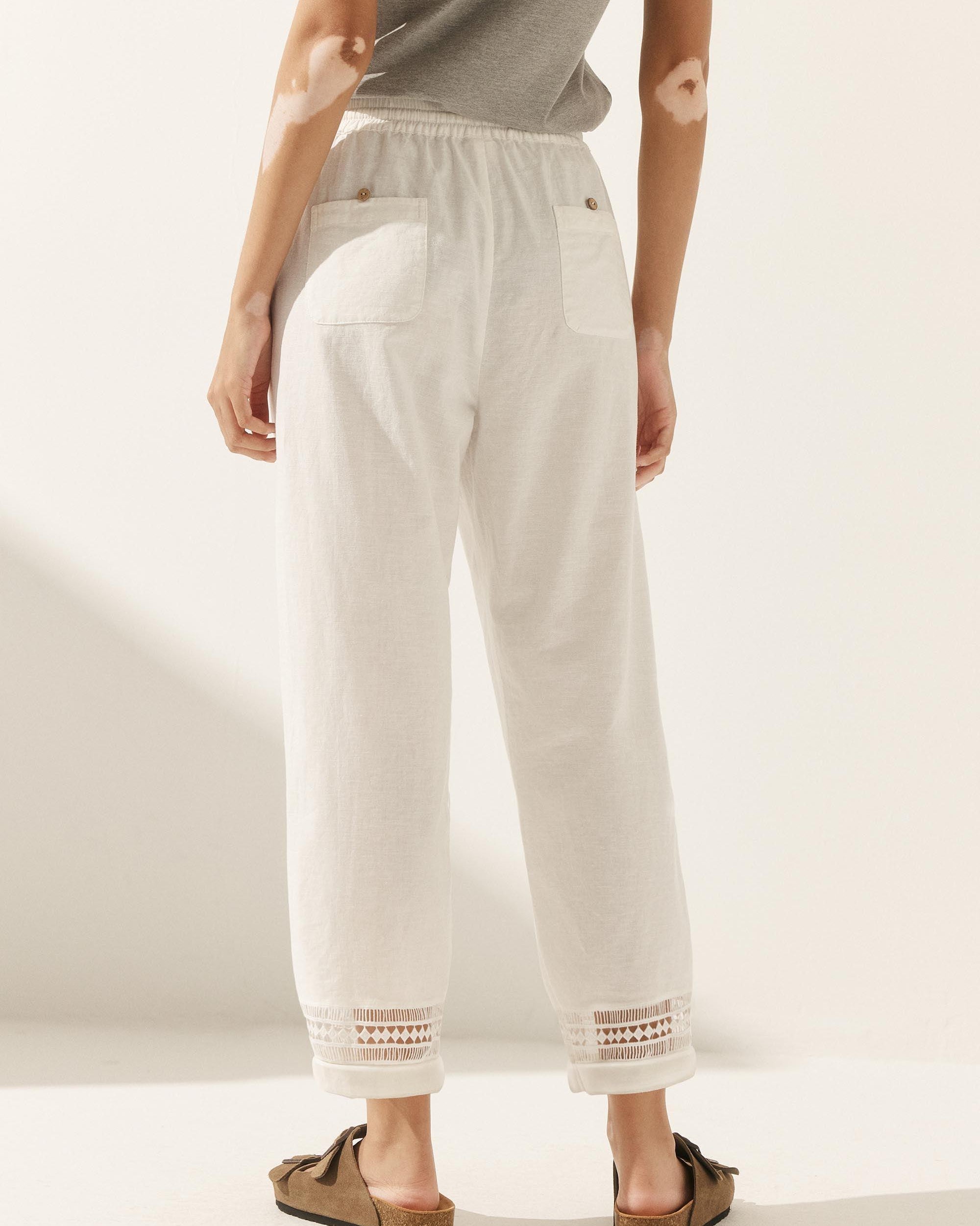 Linen Hollow Lace Stitching Elastic Waist Ankle Length Pants - BOTTOMS-Linen