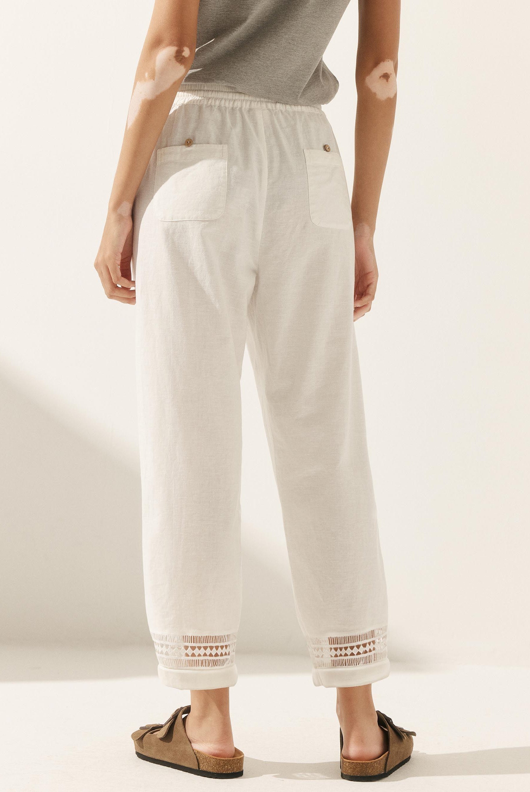 Linen Hollow Lace Stitching Elastic Waist Ankle Length Pants - BOTTOMS-Linen
