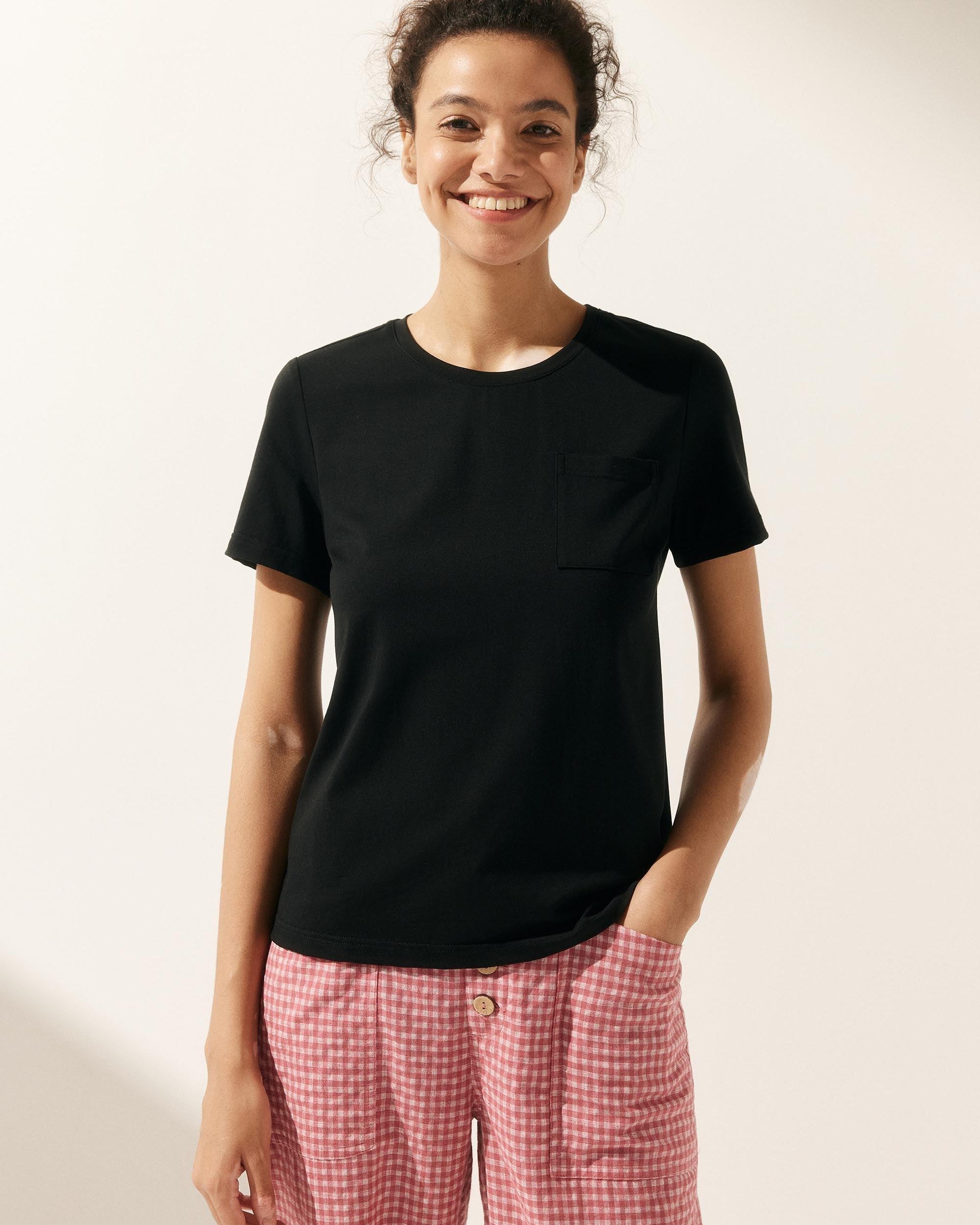 Stretch-Knit Bamboo Classic Basic Tee BELLE - Charcoal Black / Crew Neck / S - TOPS-Bamboo Tees