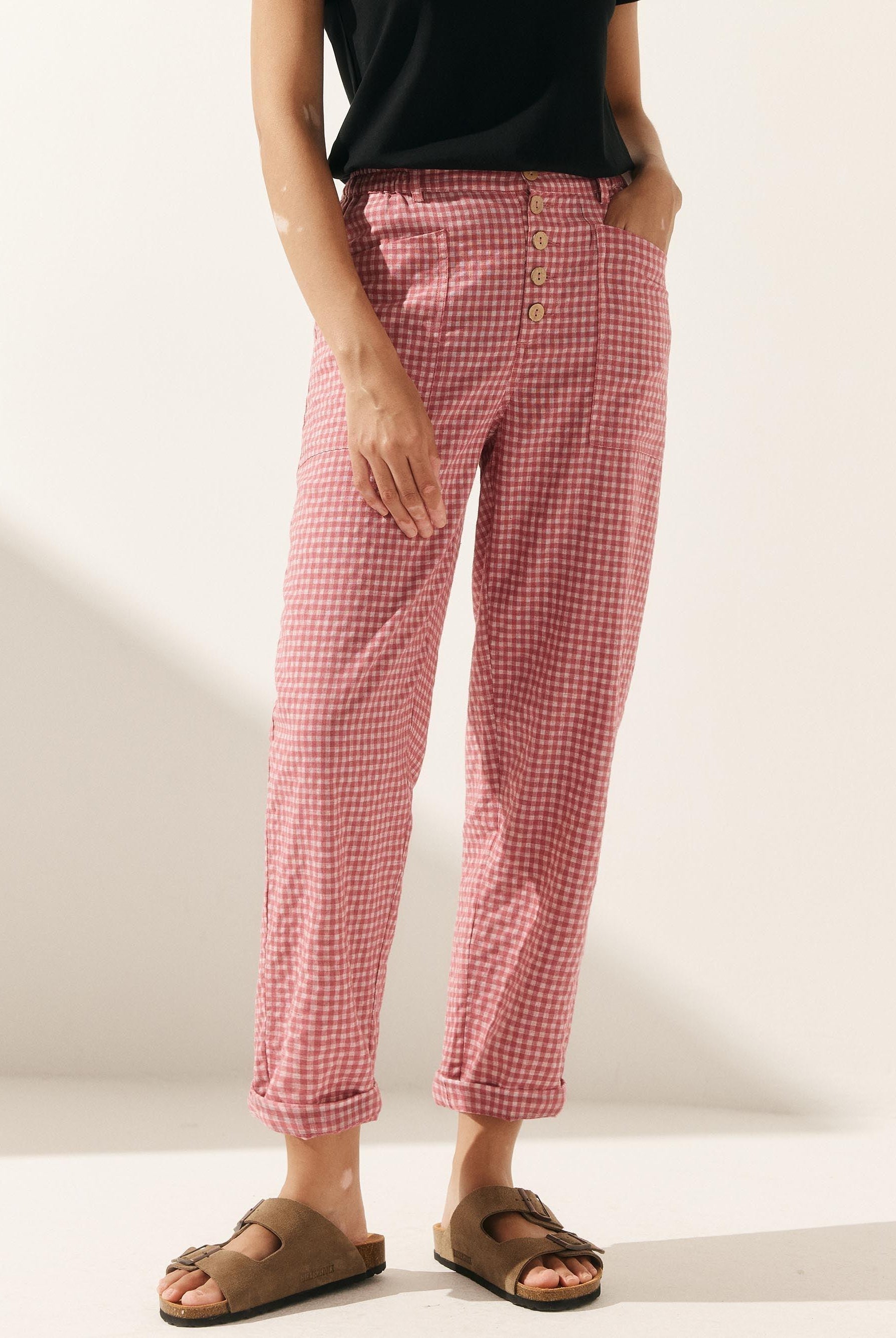 Linen Simple Button Fly Trousers HEIDI - Blush Check / XS - BOTTOMS-Linen Pants