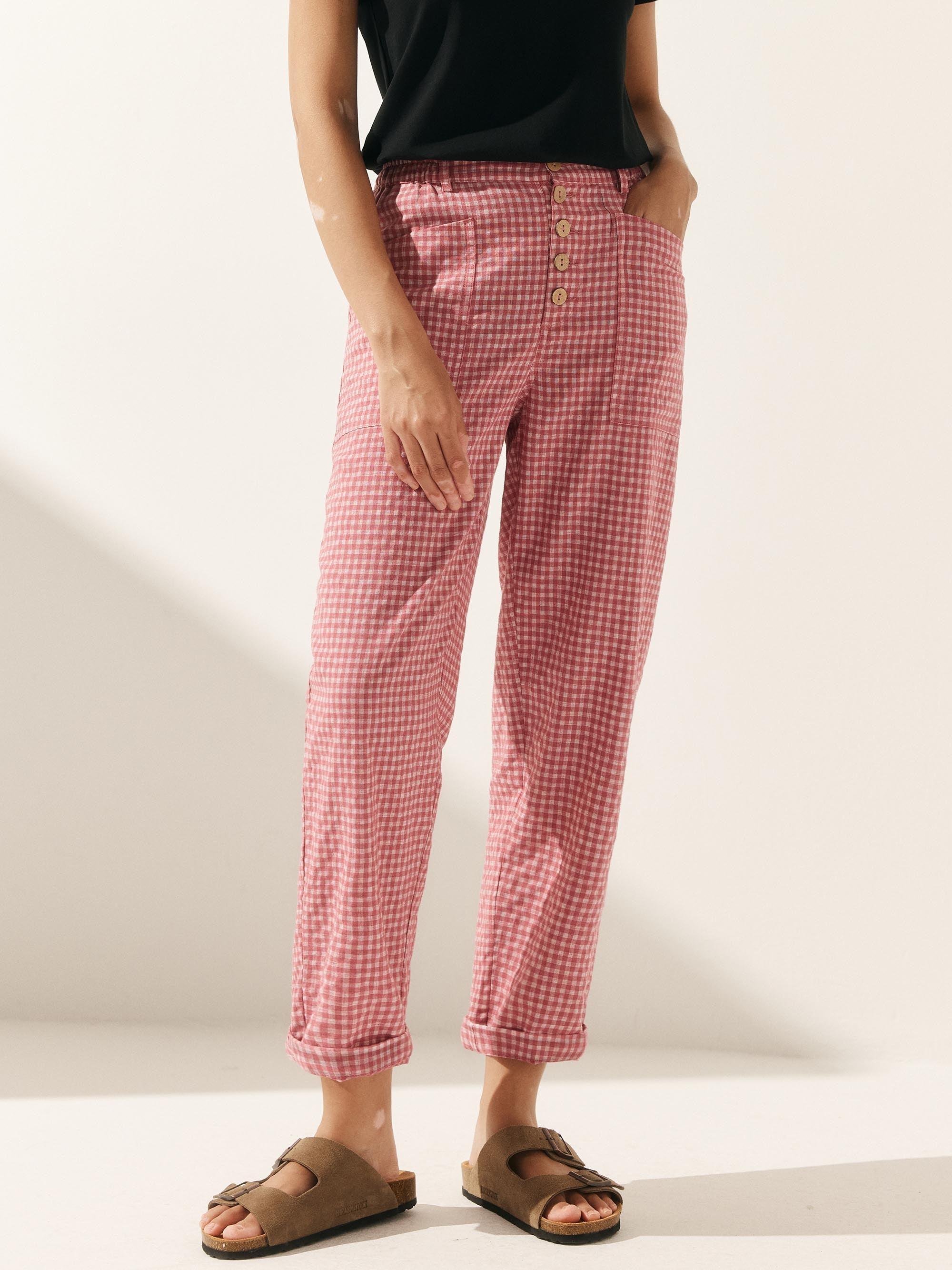 Linen Simple Button Fly Trousers HEIDI - Blush Check / XS - BOTTOMS-Linen Pants