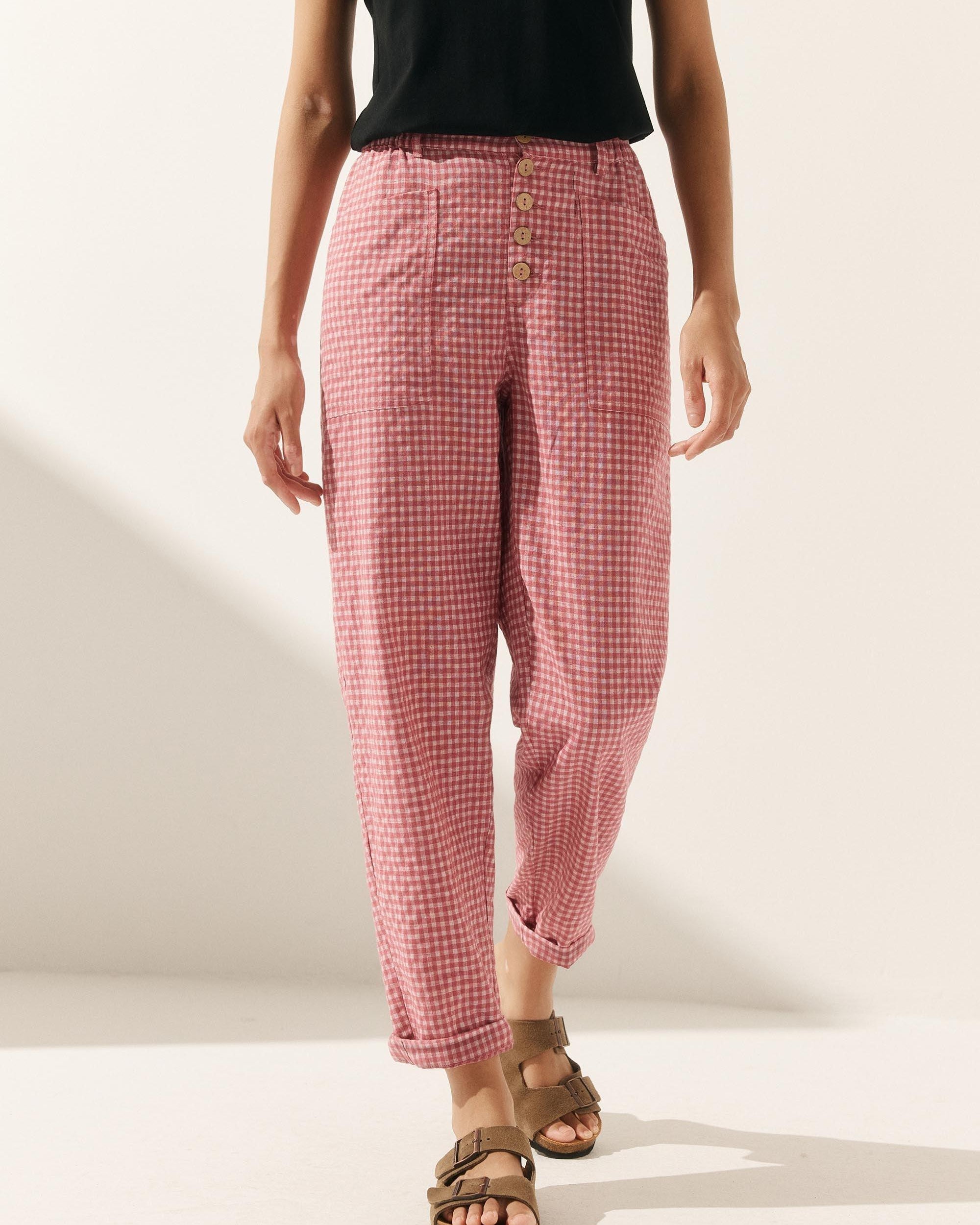 Linen Simple Button Fly Trousers HEIDI - Blush Check / XS - BOTTOMS-Linen Pants
