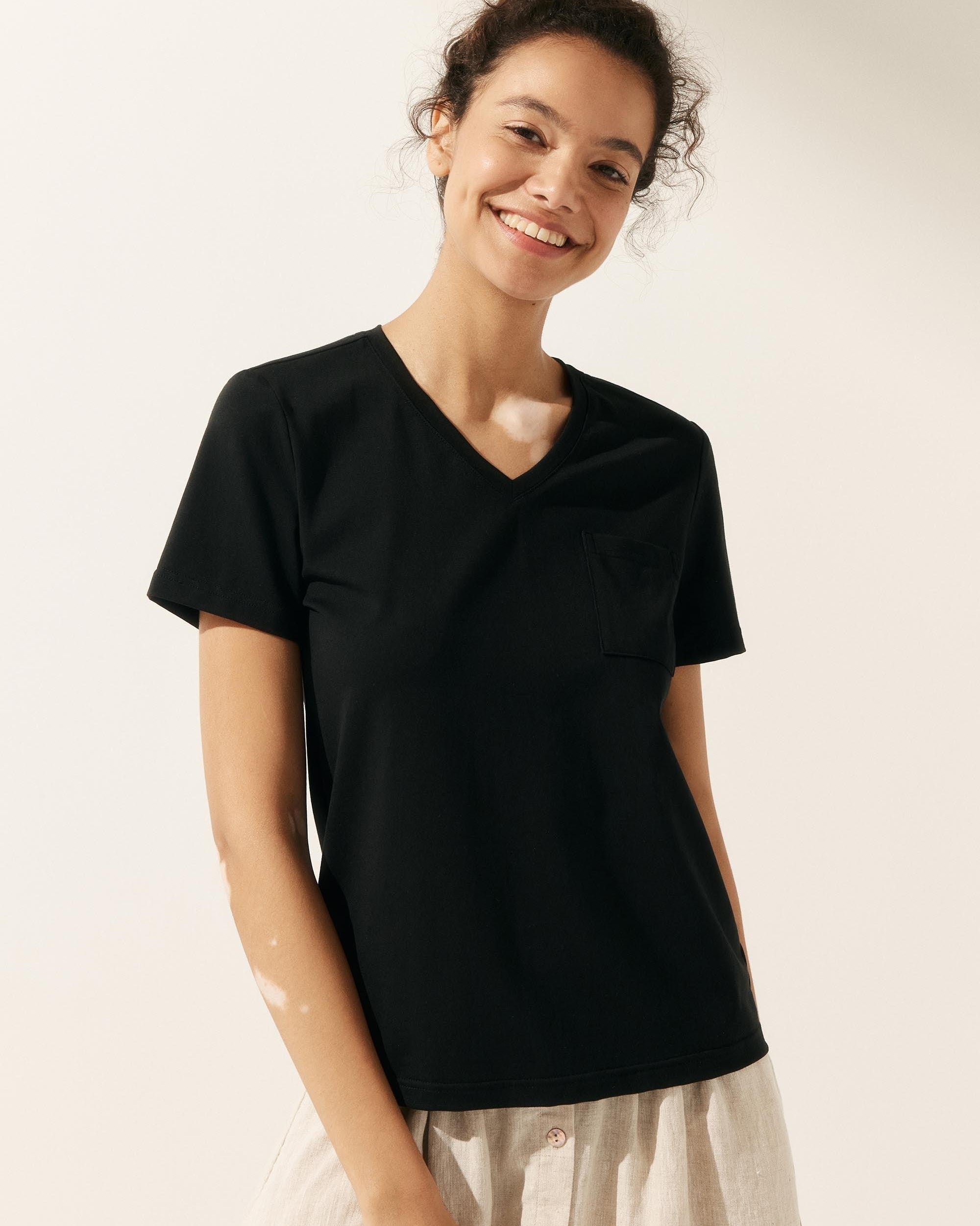 Stretch-Knit Bamboo Classic Basic Tee BELLE - Charcoal Black / V-Neck / S - TOPS-Bamboo Tees