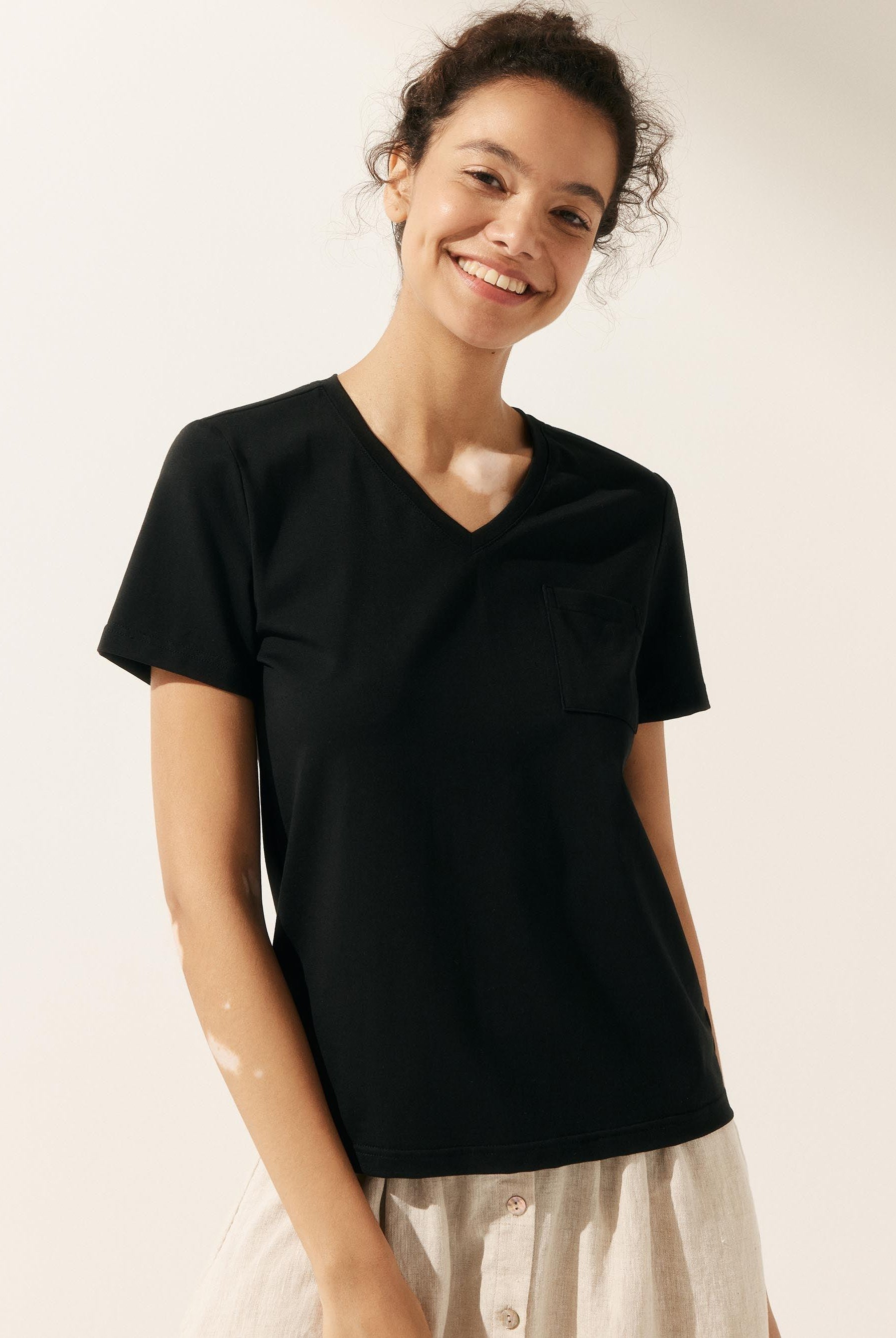 Stretch-Knit Bamboo Classic Basic Tee BELLE - Charcoal Black / V-Neck / S - TOPS-Bamboo Tees