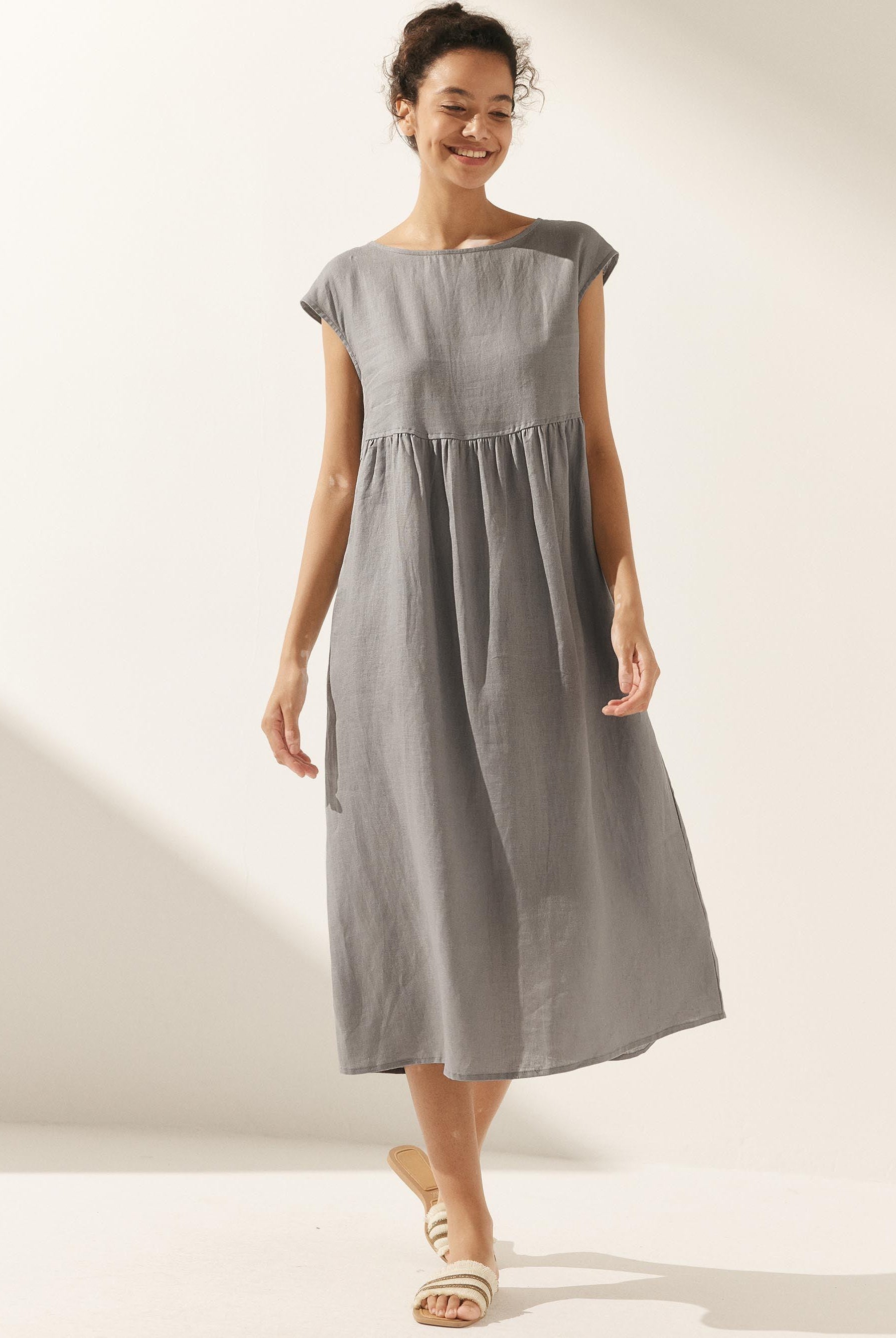 100% Linen Cap Sleeve Washed Maxi Dress JOAN - DRESSES-Linen