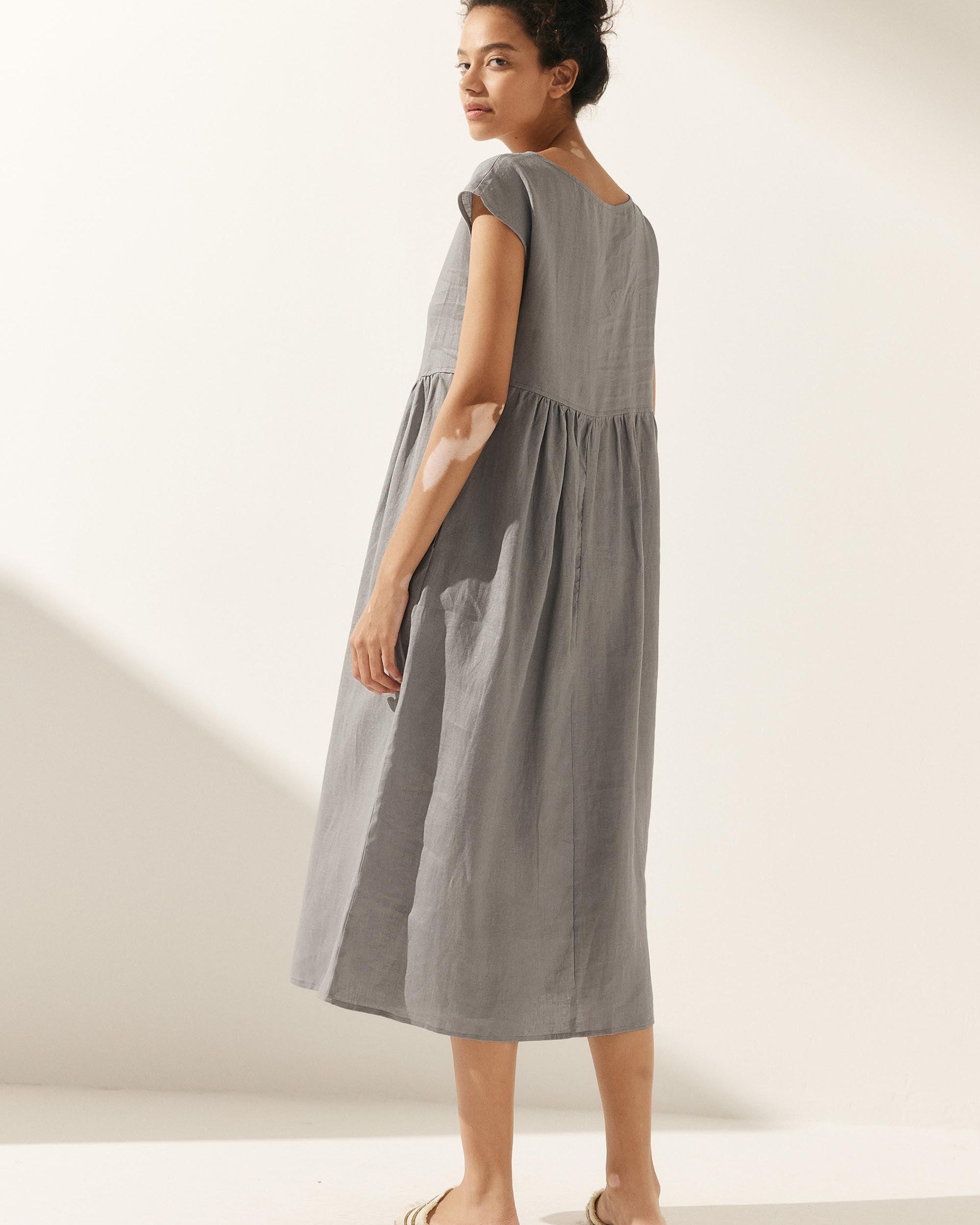 100% Linen Cap Sleeve Washed Maxi Dress JOAN - DRESSES-Linen