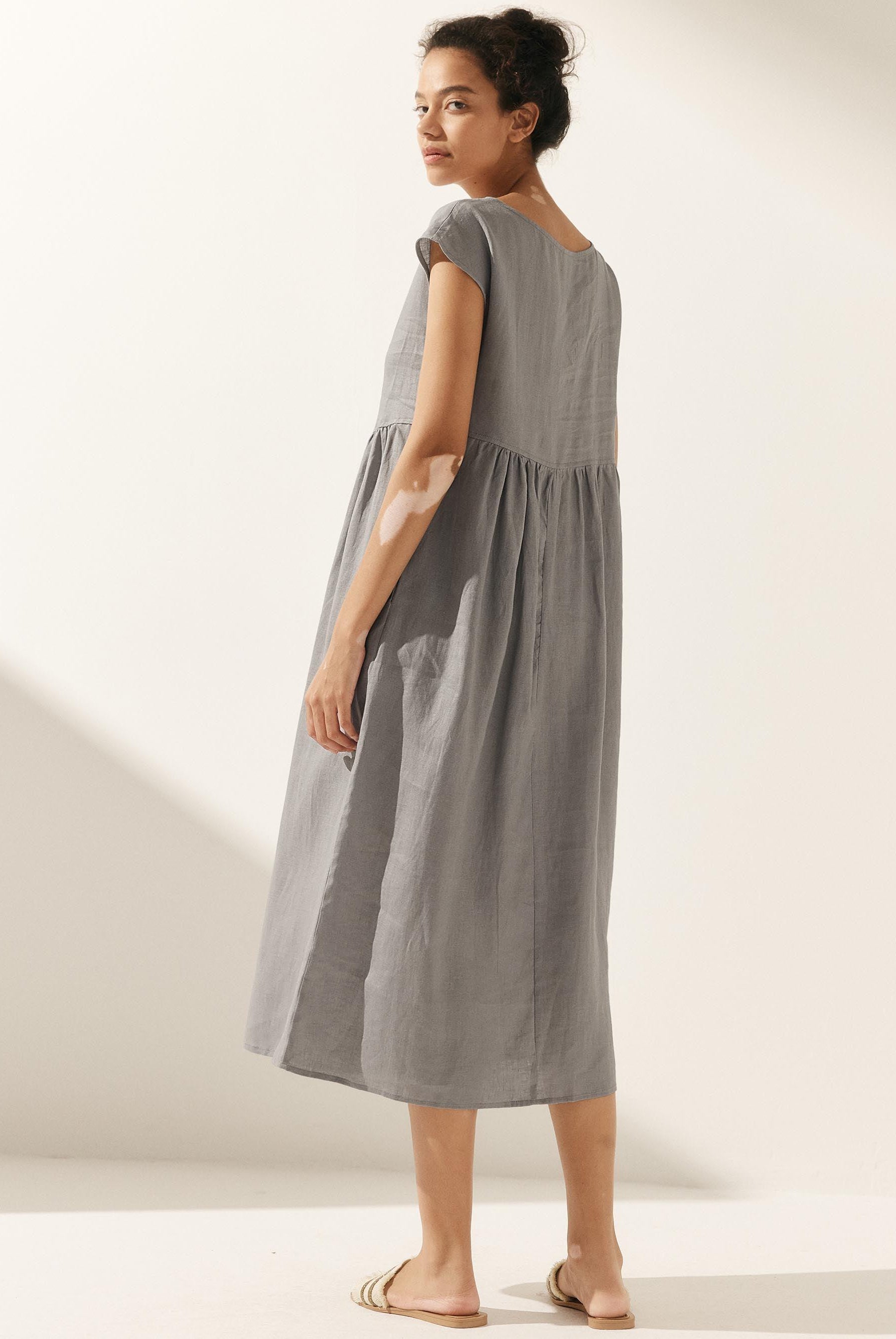 100% Linen Cap Sleeve Washed Maxi Dress JOAN - DRESSES-Linen