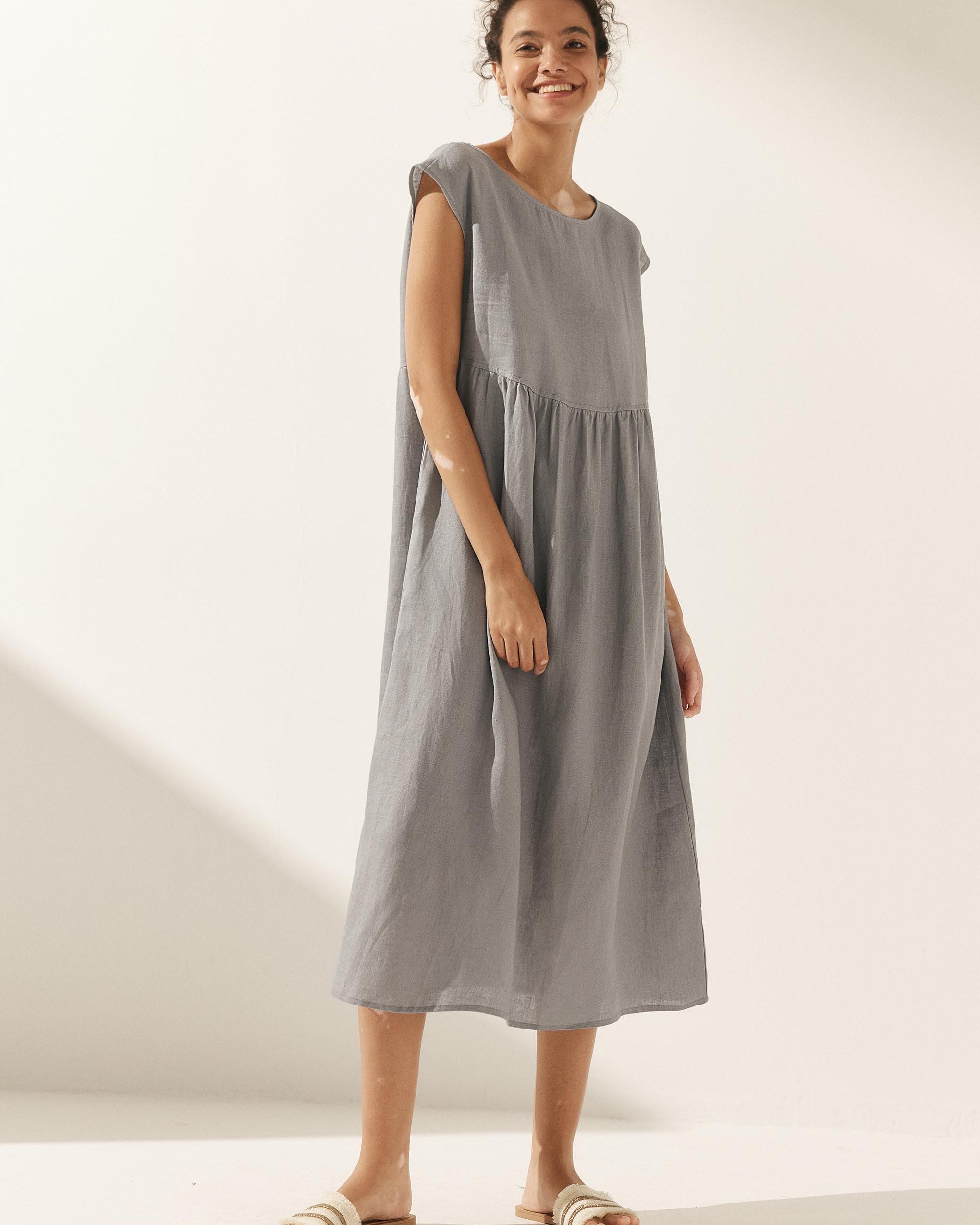 100% Linen Cap Sleeve Washed Maxi Dress JOAN - DRESSES-Linen