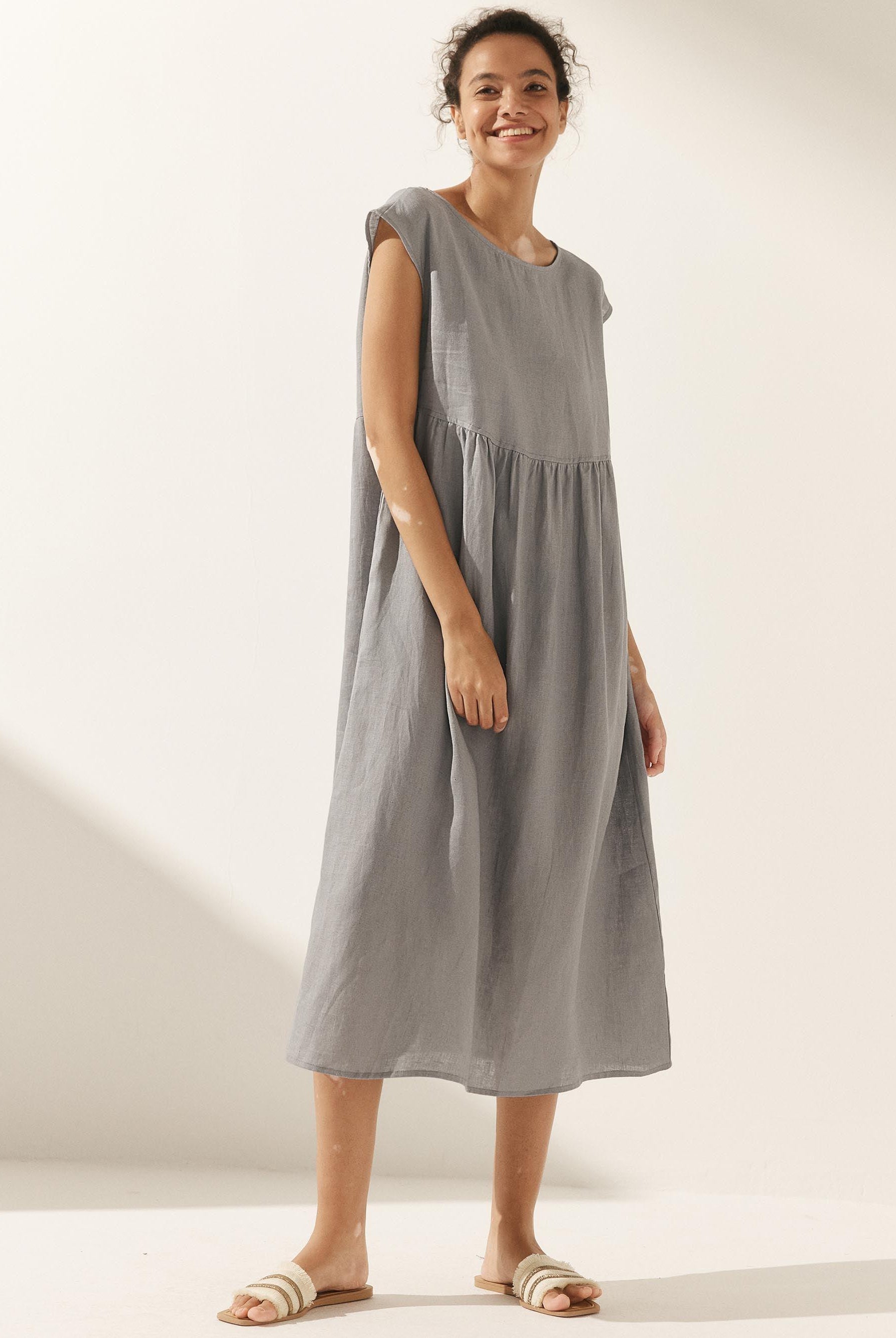 100% Linen Cap Sleeve Washed Maxi Dress JOAN - DRESSES-Linen