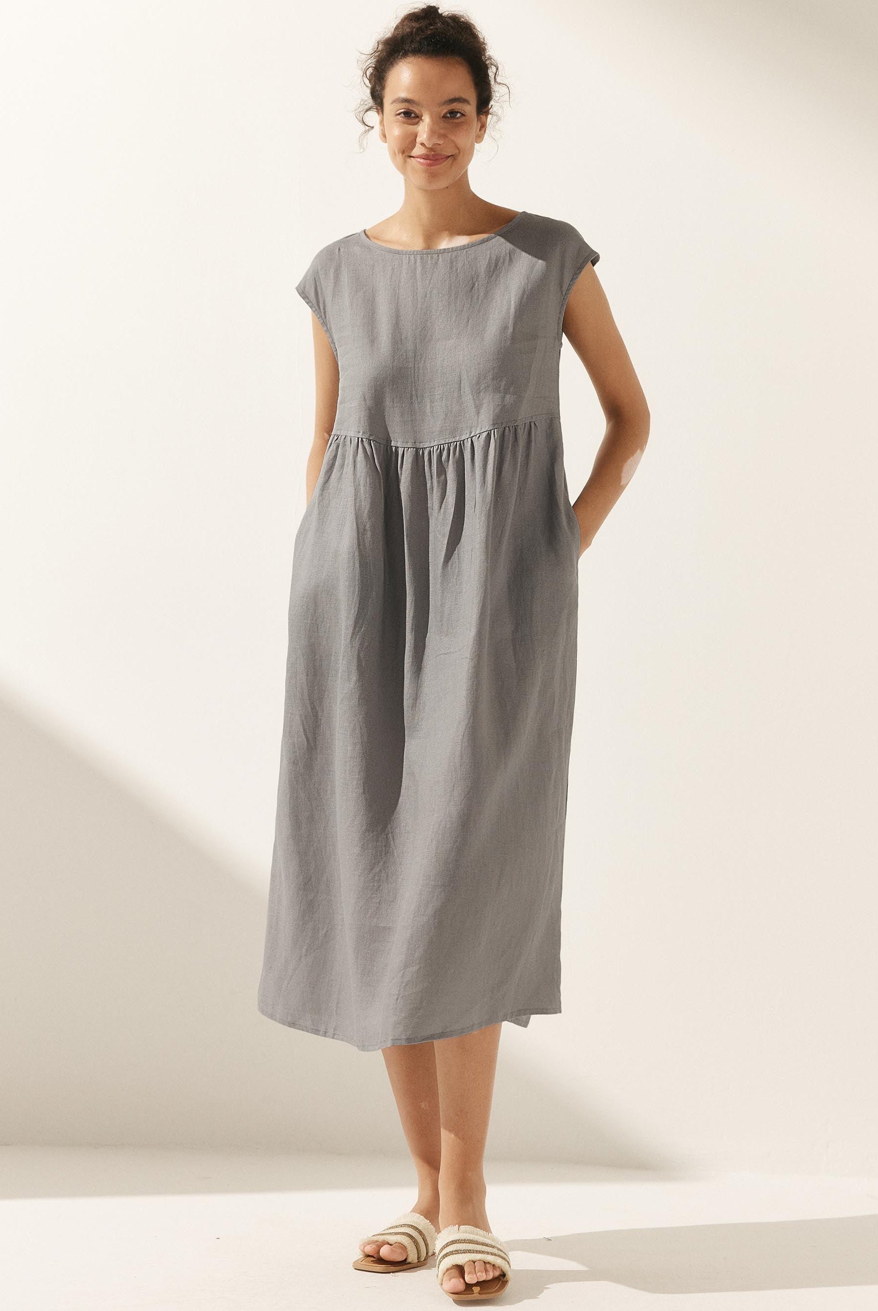 100% Linen Cap Sleeve Washed Maxi Dress JOAN - Cloud Grey / XS - DRESSES-Linen