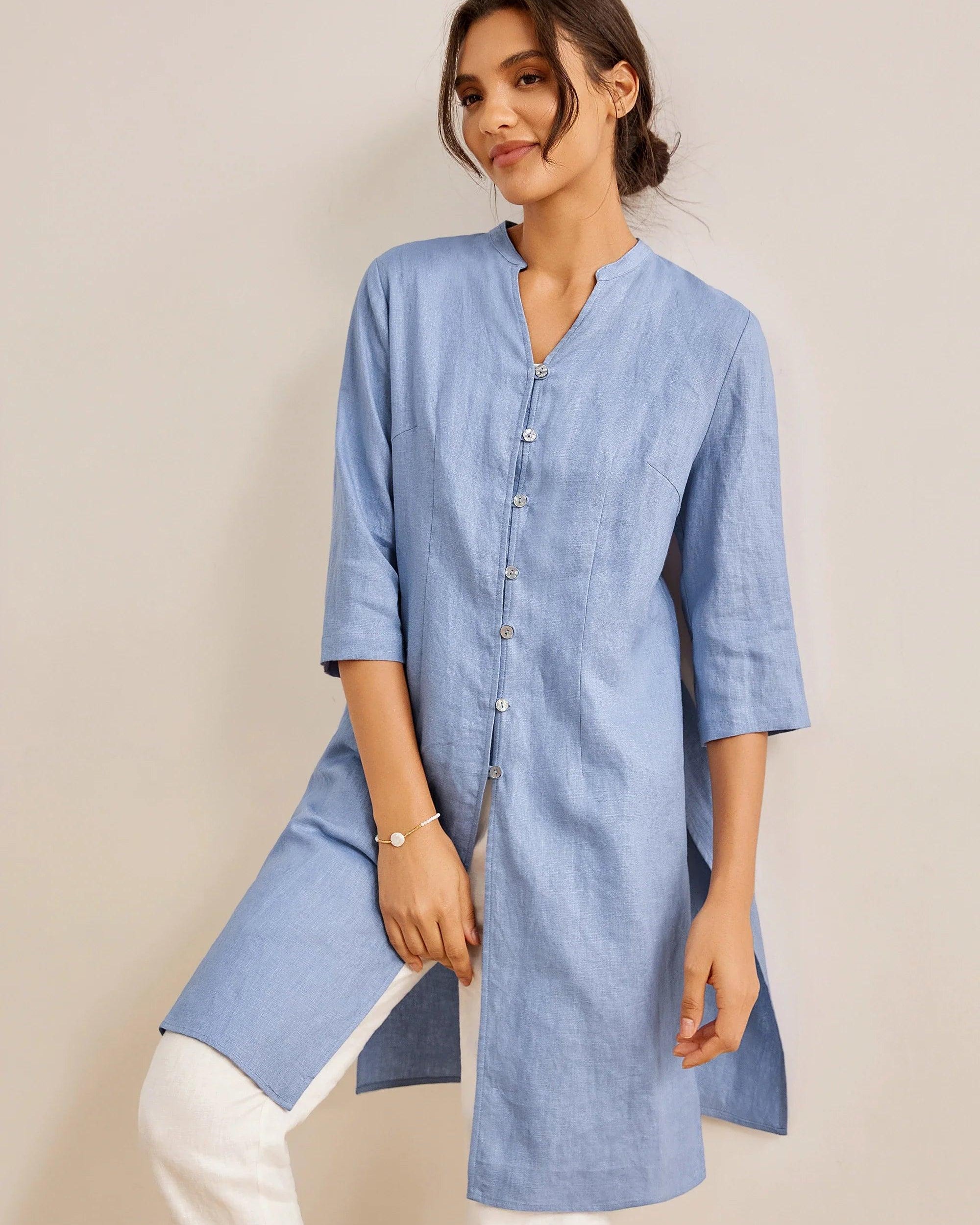 100% Linen Hand Button Long Top DILLON - TOPS-Linen Down Shirts