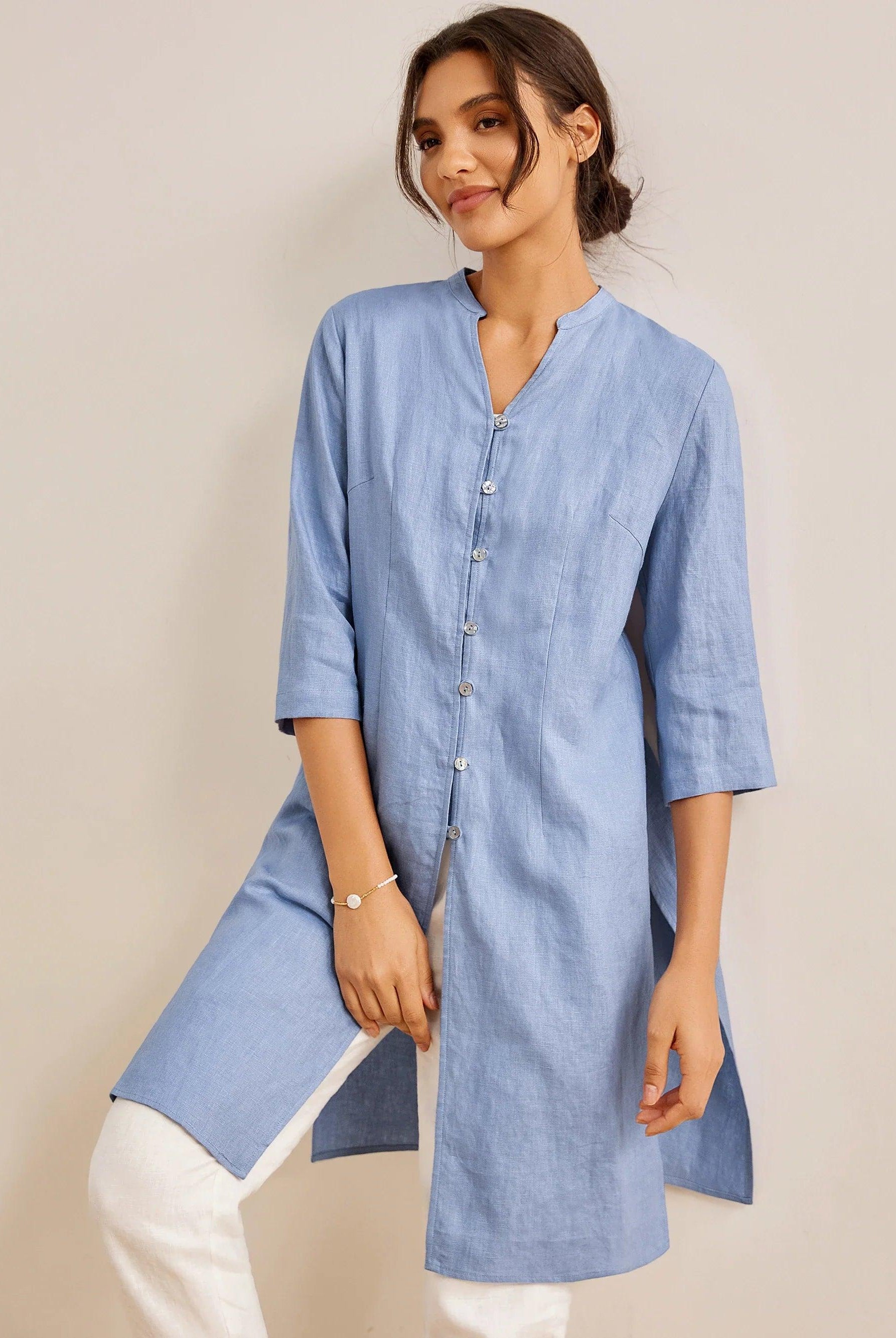 100% Linen Hand Button Long Top DILLON - Powder Blue / S - TOPS-Linen Down Shirts