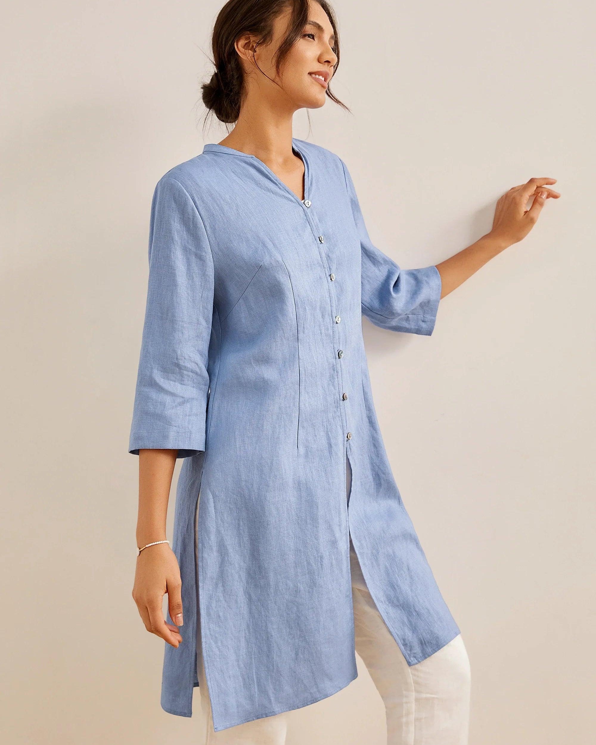 100% Linen Hand Button Long Top DILLON - Powder Blue / S - TOPS-Linen Down Shirts