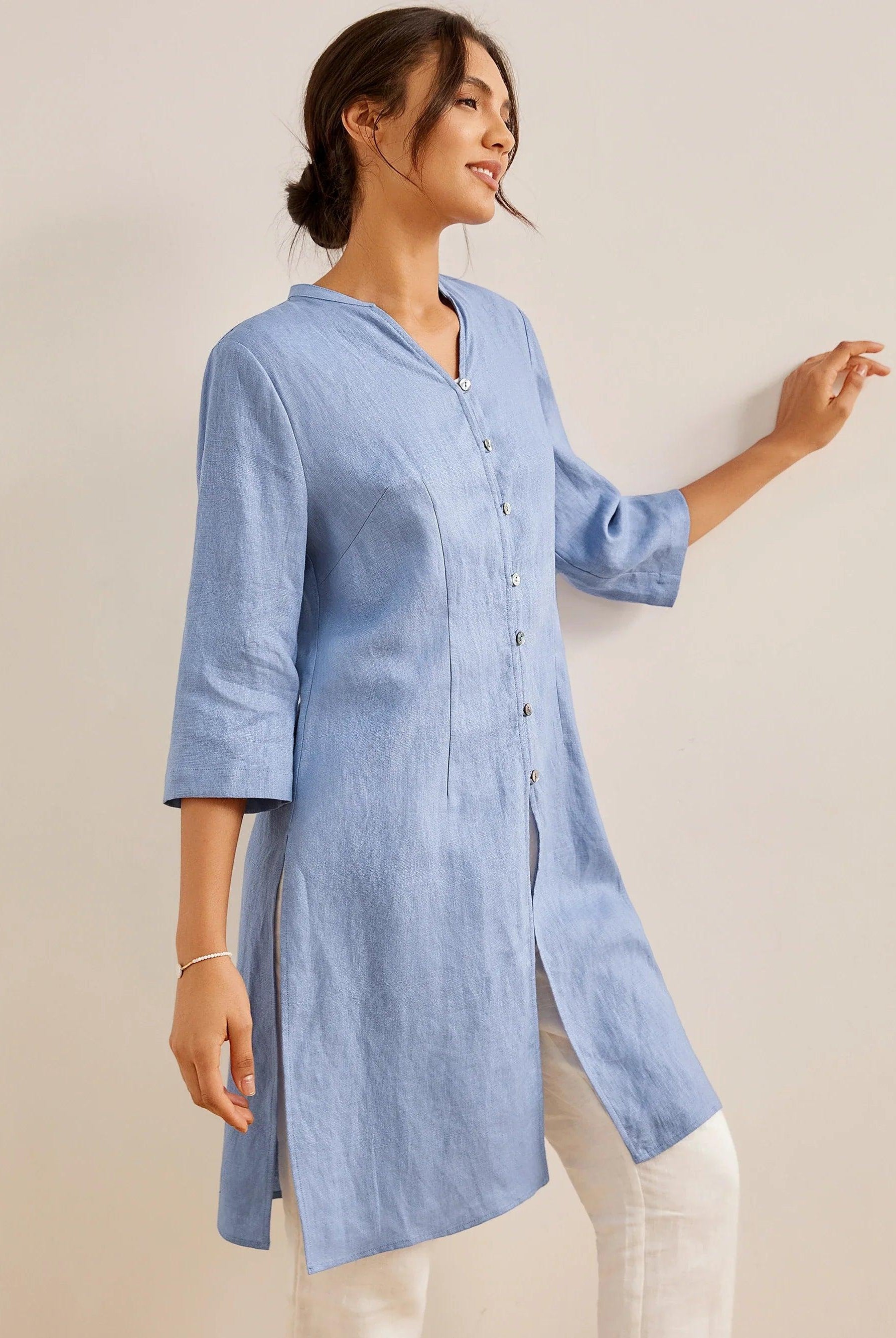 100% Linen Hand Button Long Top DILLON - Powder Blue / S - TOPS-Linen Down Shirts