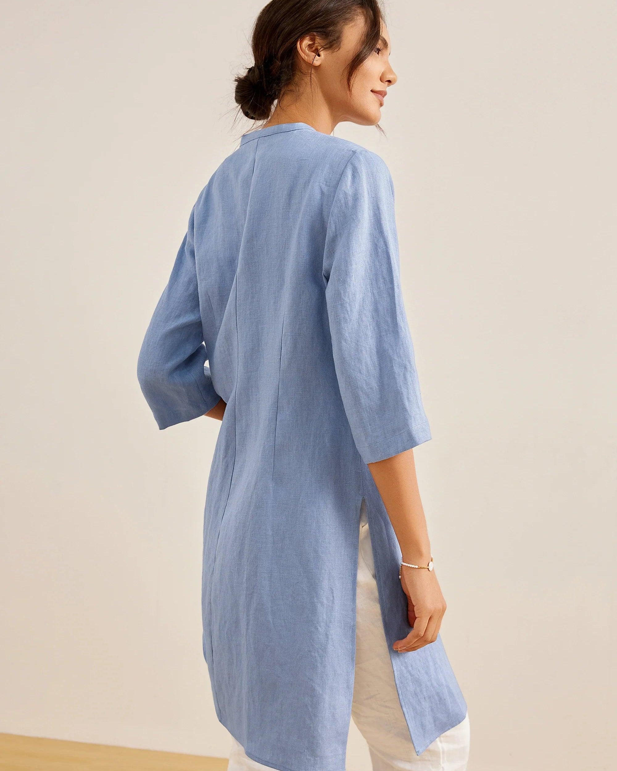 100% Linen Hand Button Long Top DILLON - TOPS-Linen Down Shirts