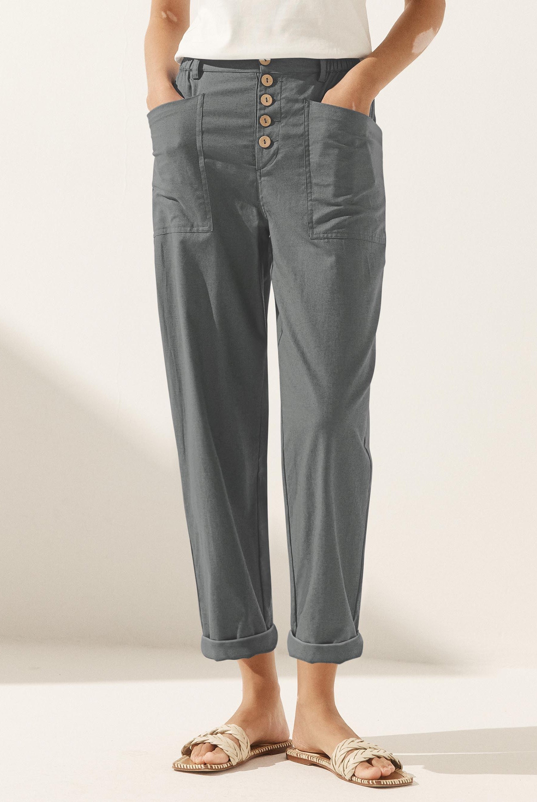 Linen Simple Button Fly Trousers HEIDI - Neutral Grey / XS - BOTTOMS-Linen Pants