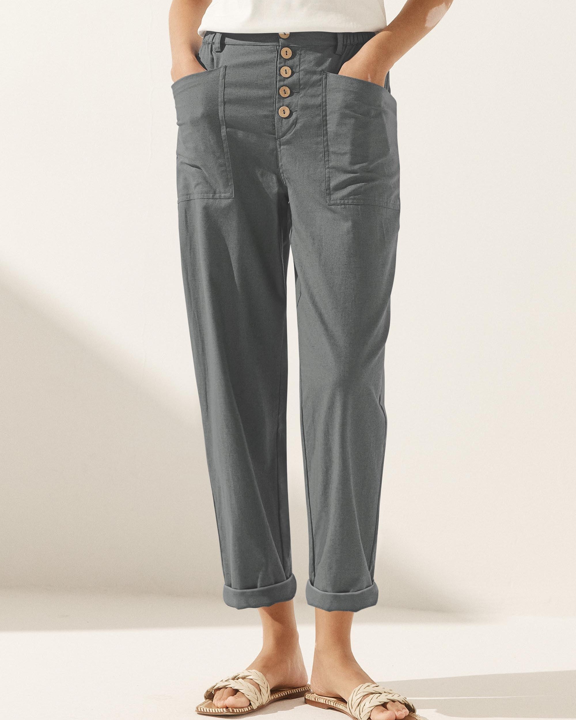 Linen Simple Button Fly Trousers HEIDI - Neutral Grey / XS - BOTTOMS-Linen Pants