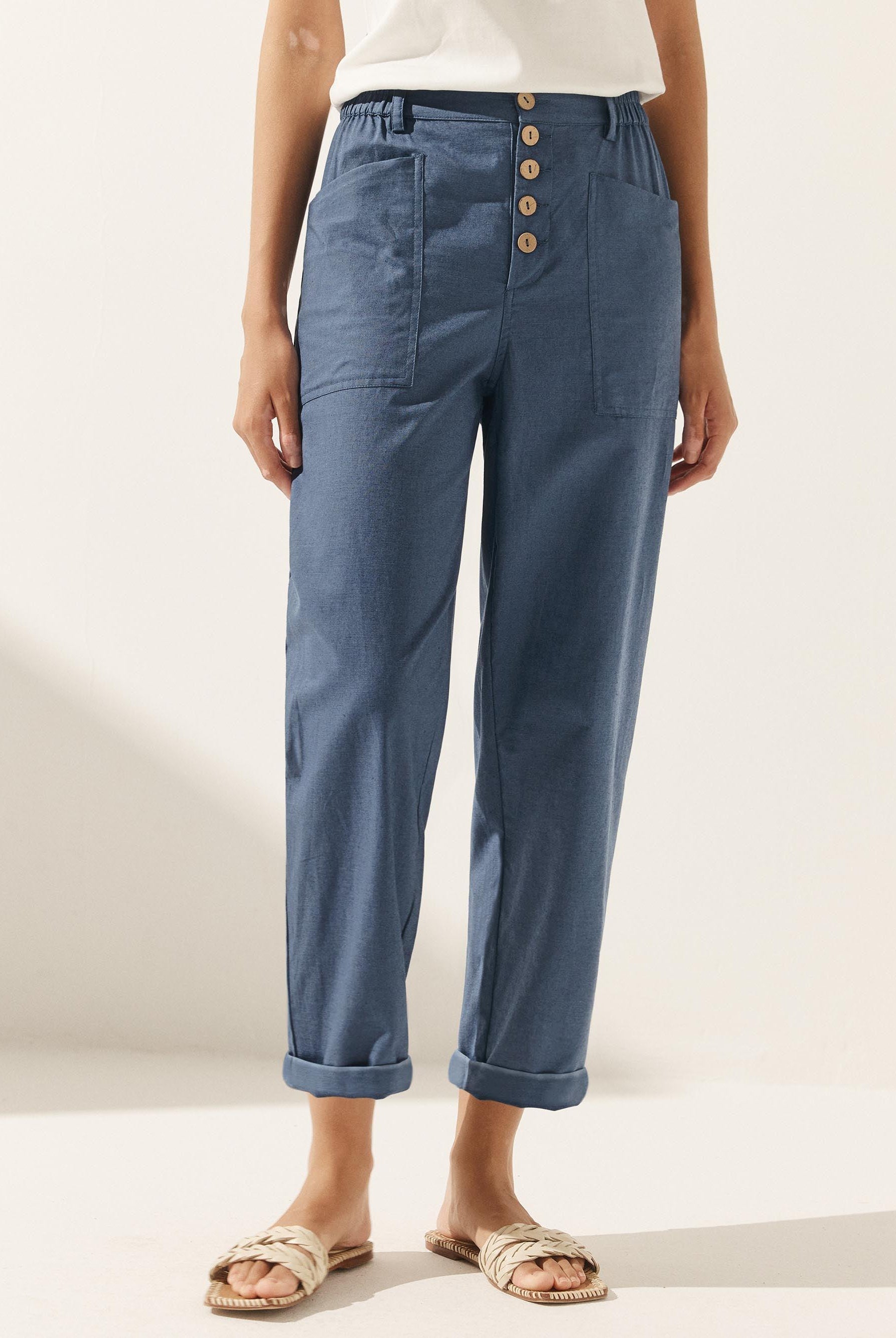 Linen Simple Button Fly Trousers HEIDI - BOTTOMS-Linen Pants