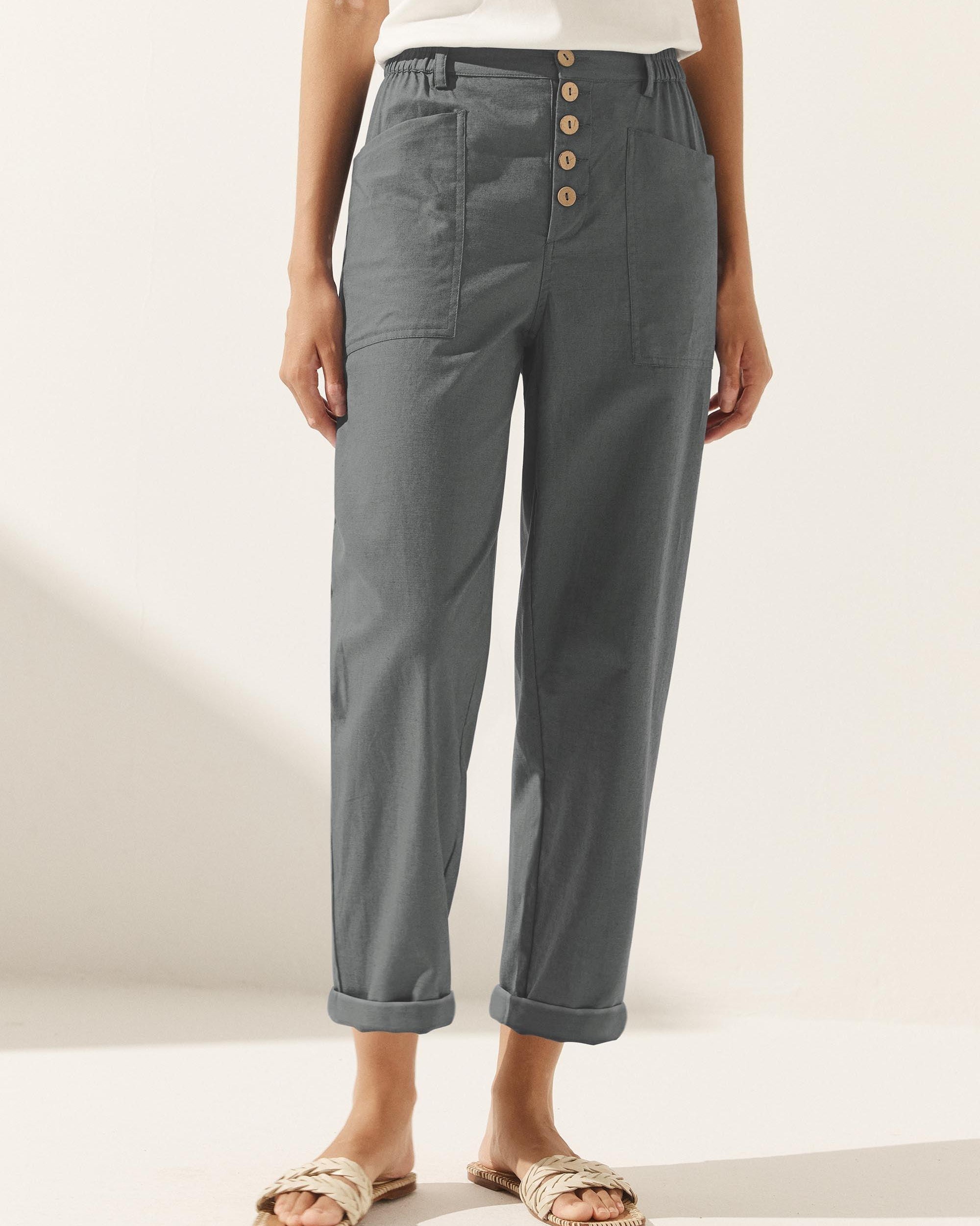 Linen Simple Button Fly Trousers HEIDI - BOTTOMS-Linen Pants