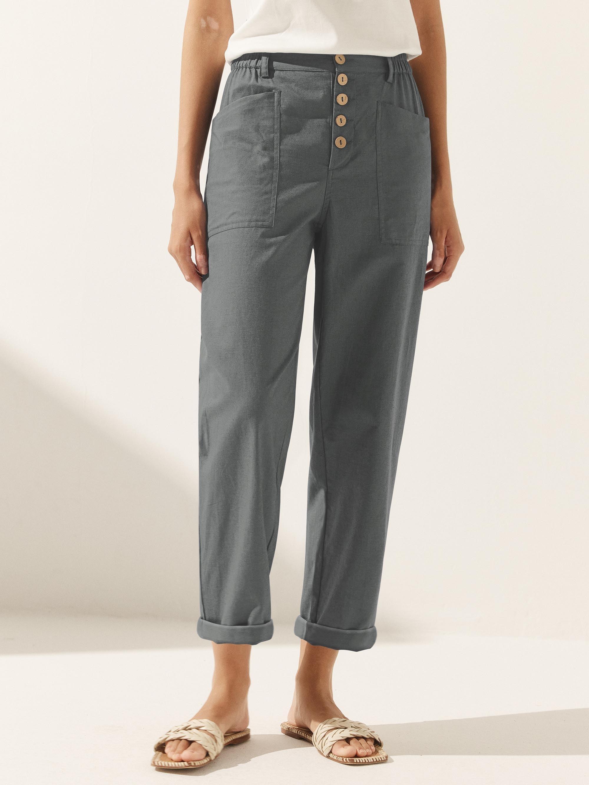 Linen Simple Button Fly Trousers HEIDI - BOTTOMS-Linen Pants