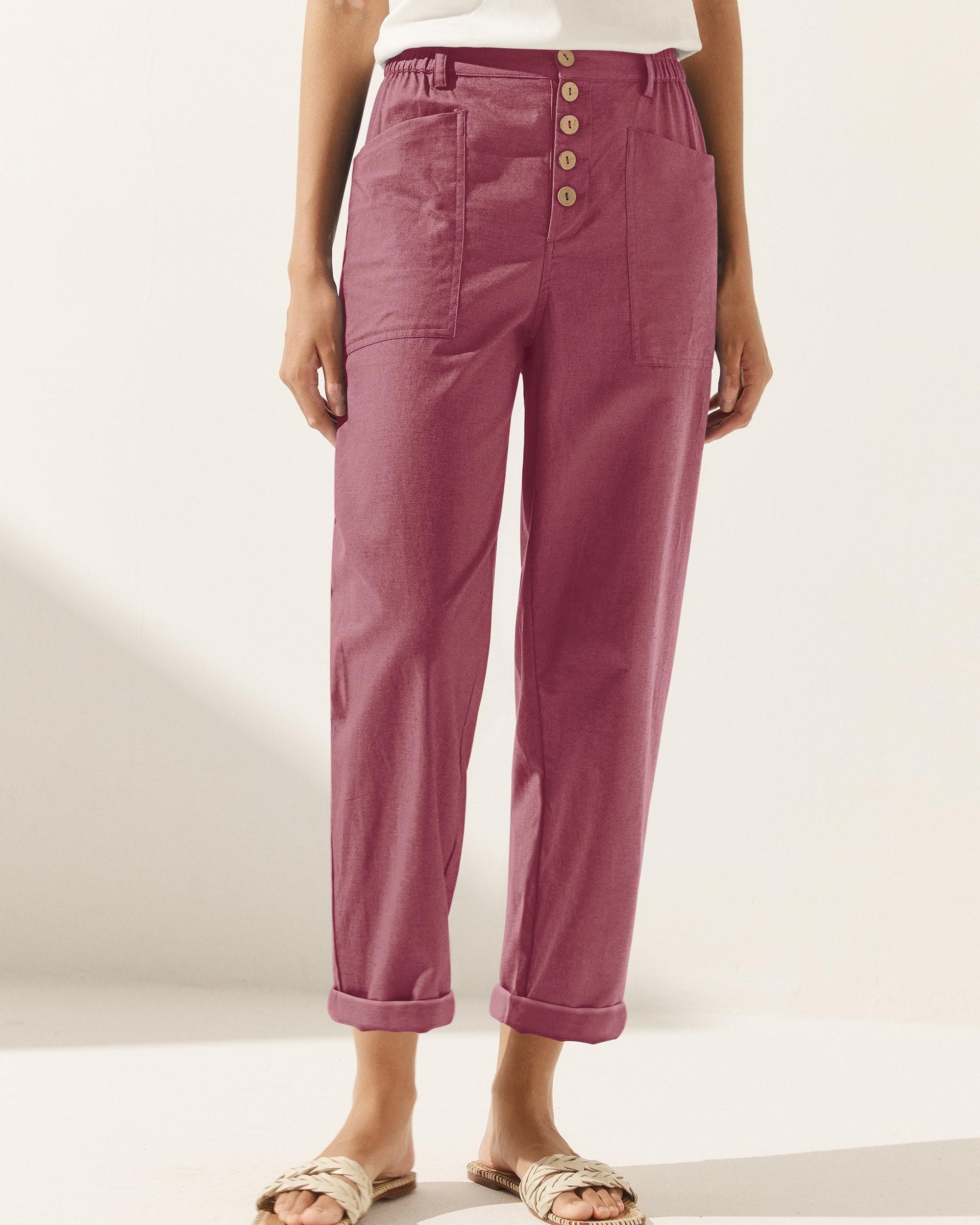 Linen Simple Button Fly Trousers HEIDI - Raspberry Pink / XS - BOTTOMS-Linen Pants