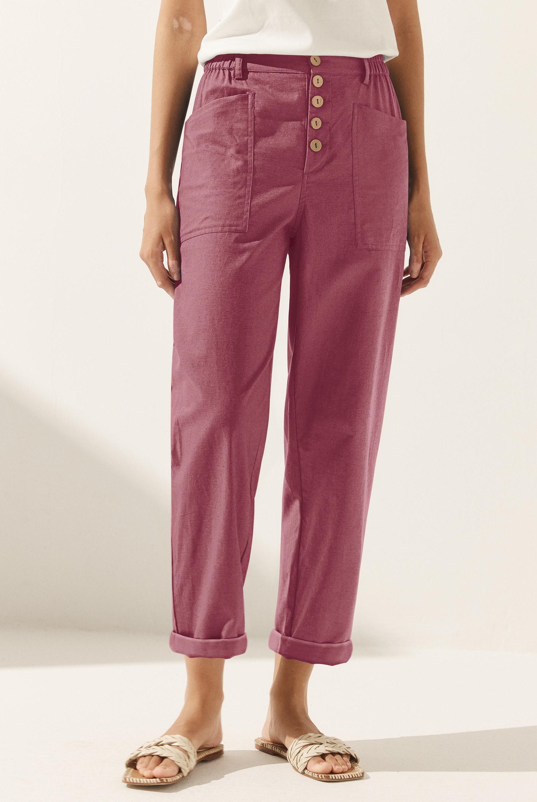 Linen Simple Button Fly Trousers HEIDI - Raspberry Pink / XS - BOTTOMS-Linen Pants