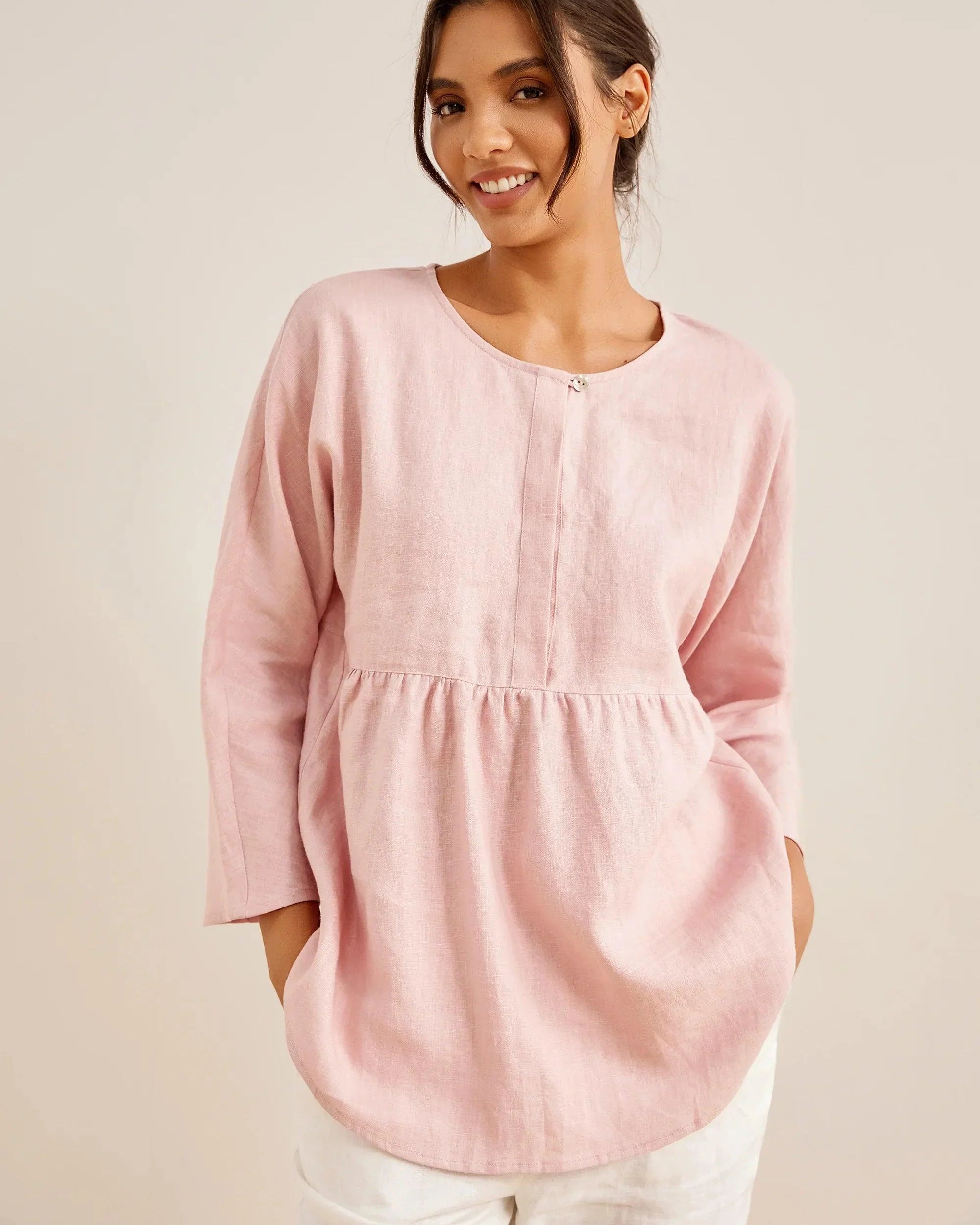 SITKA Linen Long-Sleeved Top - Pale Pink / S - TOPS-Linen Blouses