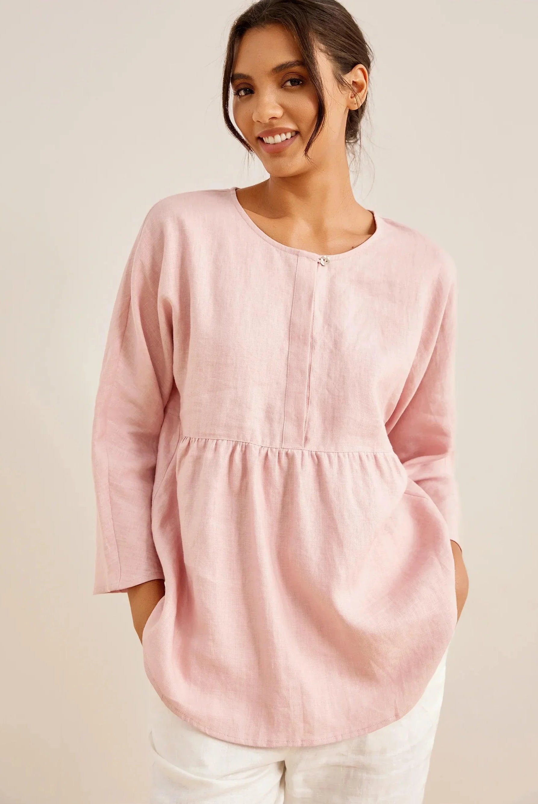 SITKA Linen Long-Sleeved Top - Pale Pink / S - TOPS-Linen Blouses