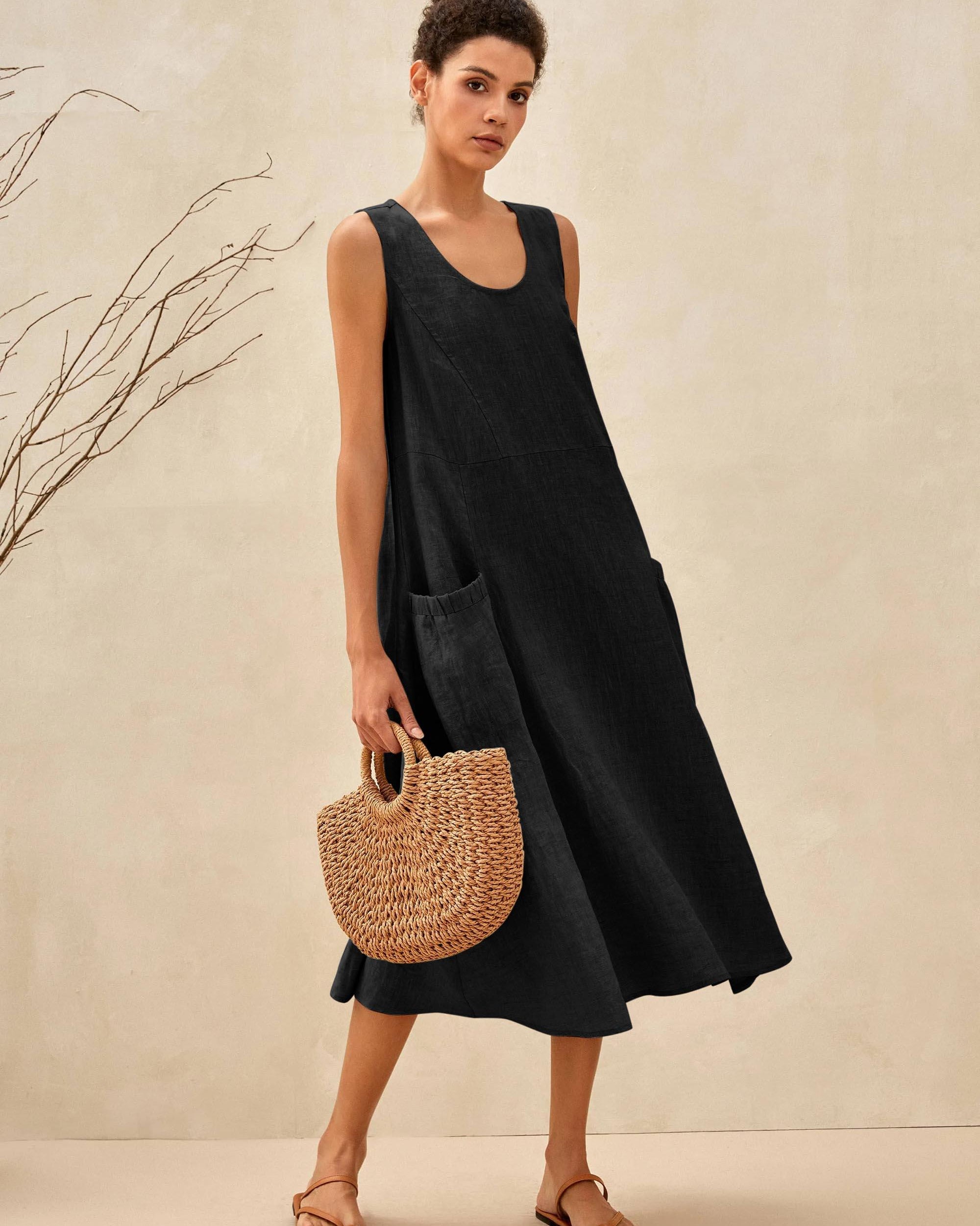 100% Linen Swing Beach Tank Dress GIANA - Charcoal Black / XS - DRESSES-Linen Midi