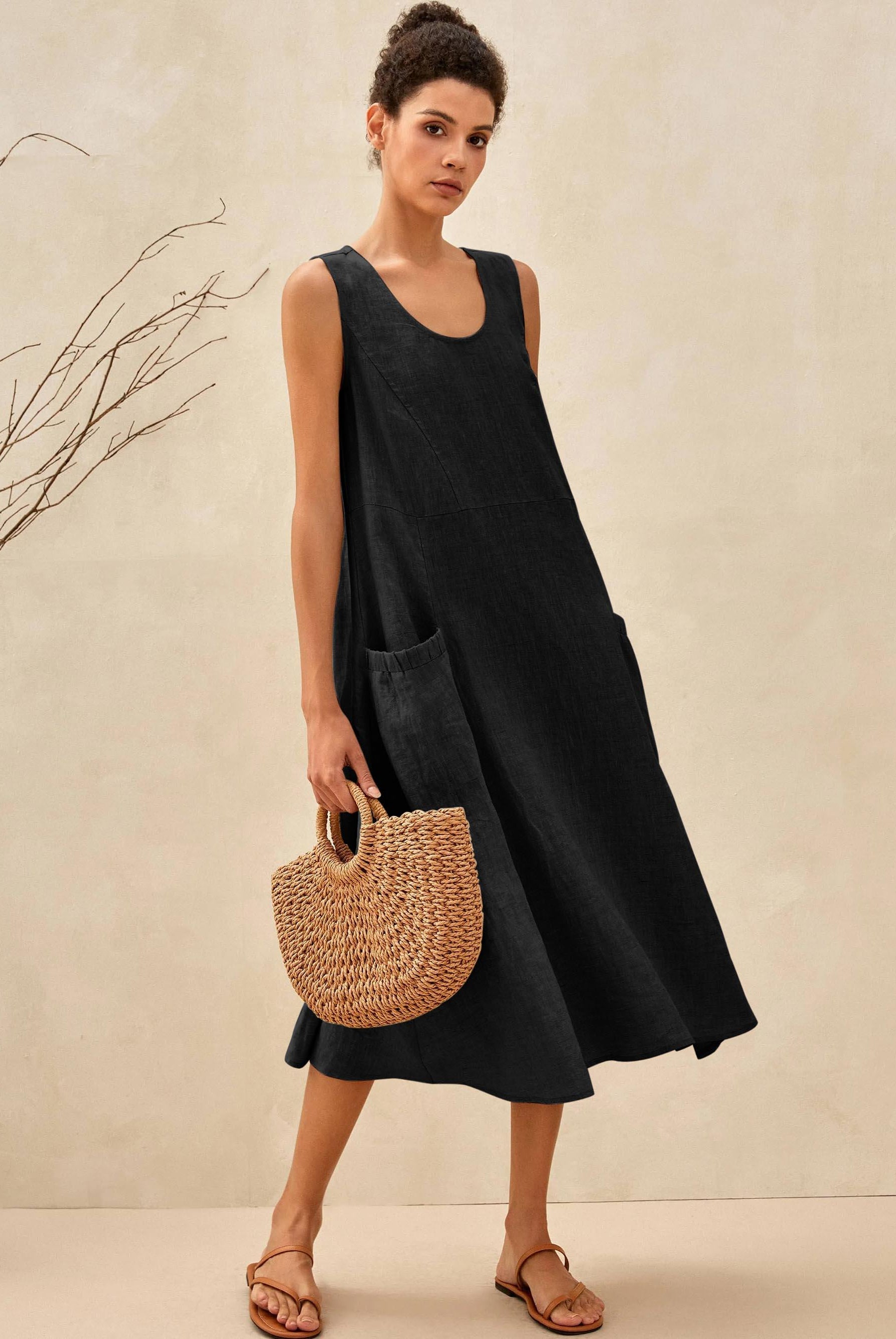 100% Linen Swing Beach Tank Dress GIANA - Charcoal Black / XS - DRESSES-Linen Midi
