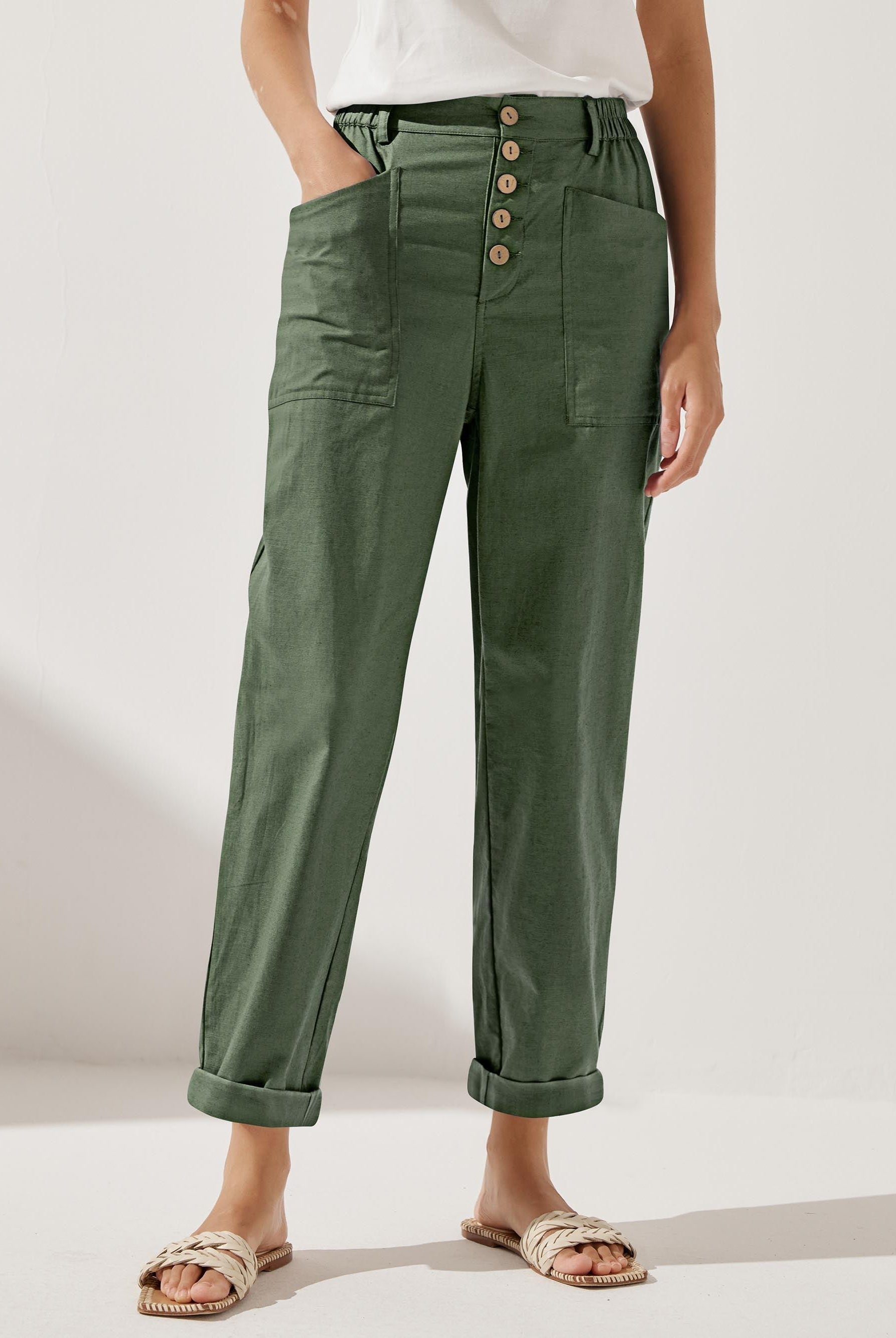 Linen Simple Checked Button Fly Trousers - BOTTOMS-Linen Pants