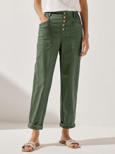Linen Simple Checked Button Fly Trousers - BOTTOMS-Linen Pants