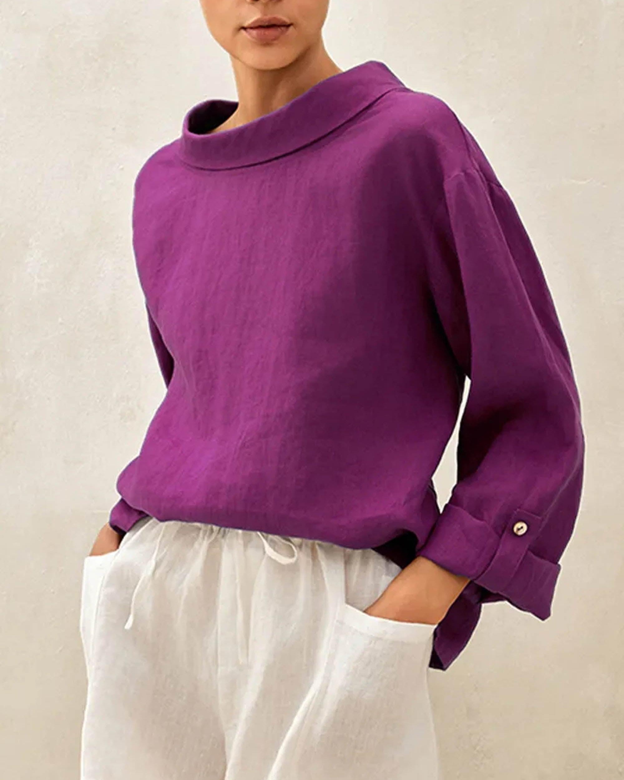 100% Linen Draped Neck Top HOLLIS - TOPS-Linen Blouses