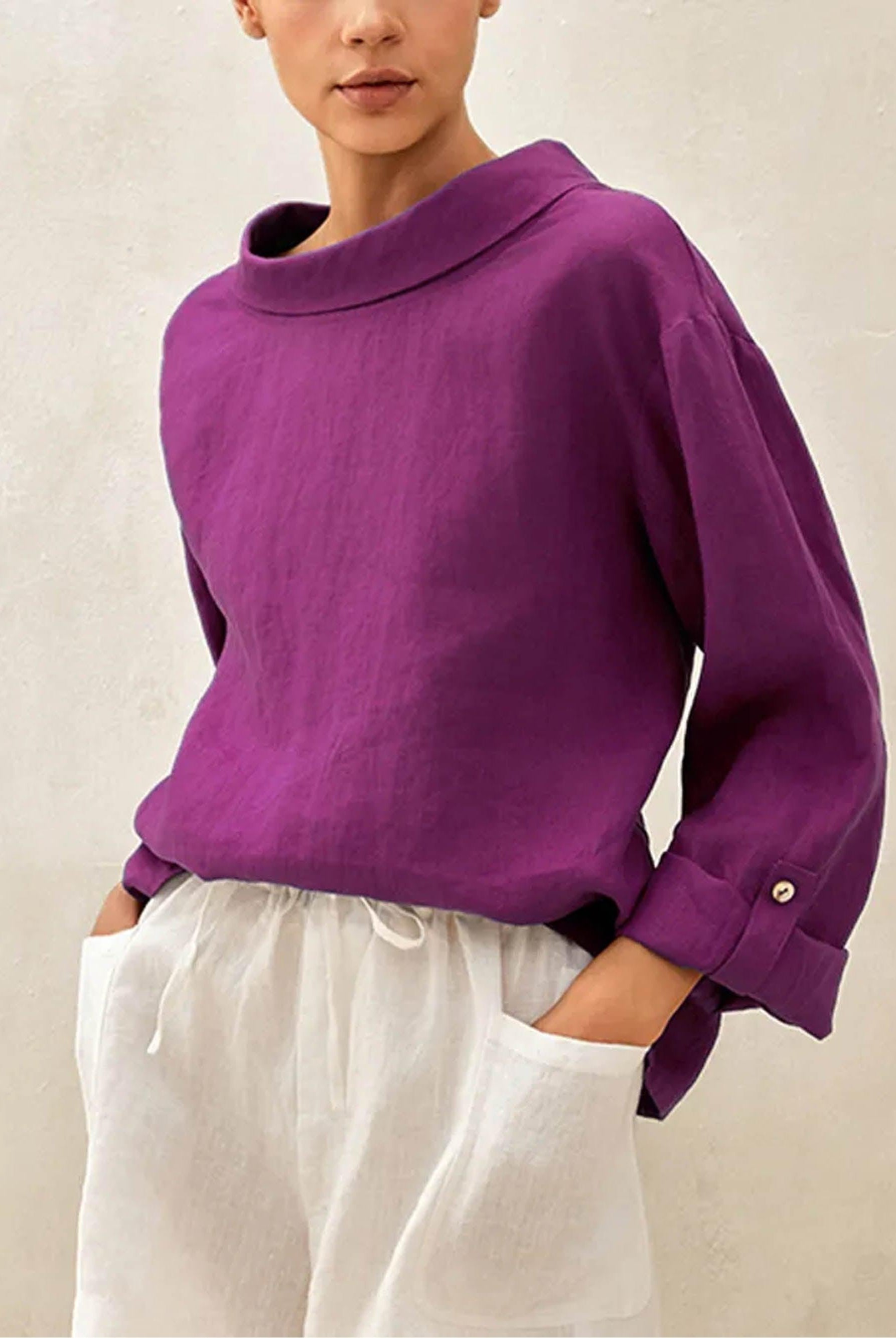 100% Linen Draped Neck Top HOLLIS - TOPS-Linen Blouses
