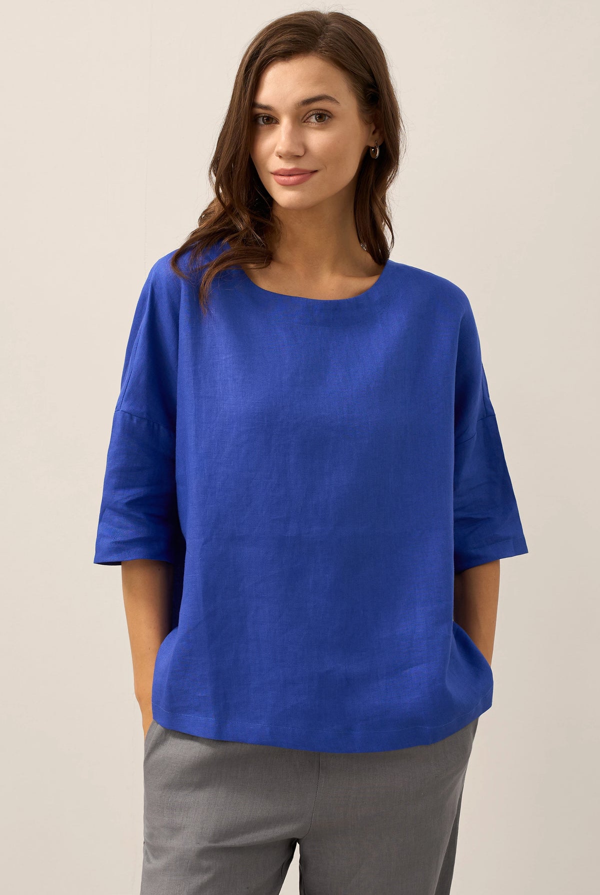 100% Linen Boatneck 3/4 Length Sleeve Top AURORA by LINTICO for women