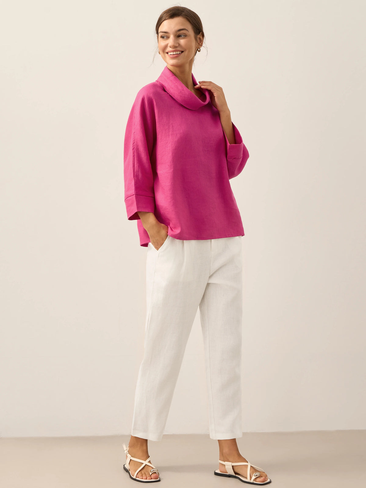 Linen-Cotton Dropped Collar Long-Sleeve Top TRISTAN by LINTICO for women