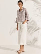 Linen-Cotton Dropped Collar Long-Sleeve Top TRISTAN - TOPS-Linen Blouses