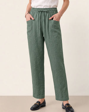 Green 100% Linen Drawstring Utility Ankle Pants AMELINE by LINTICO