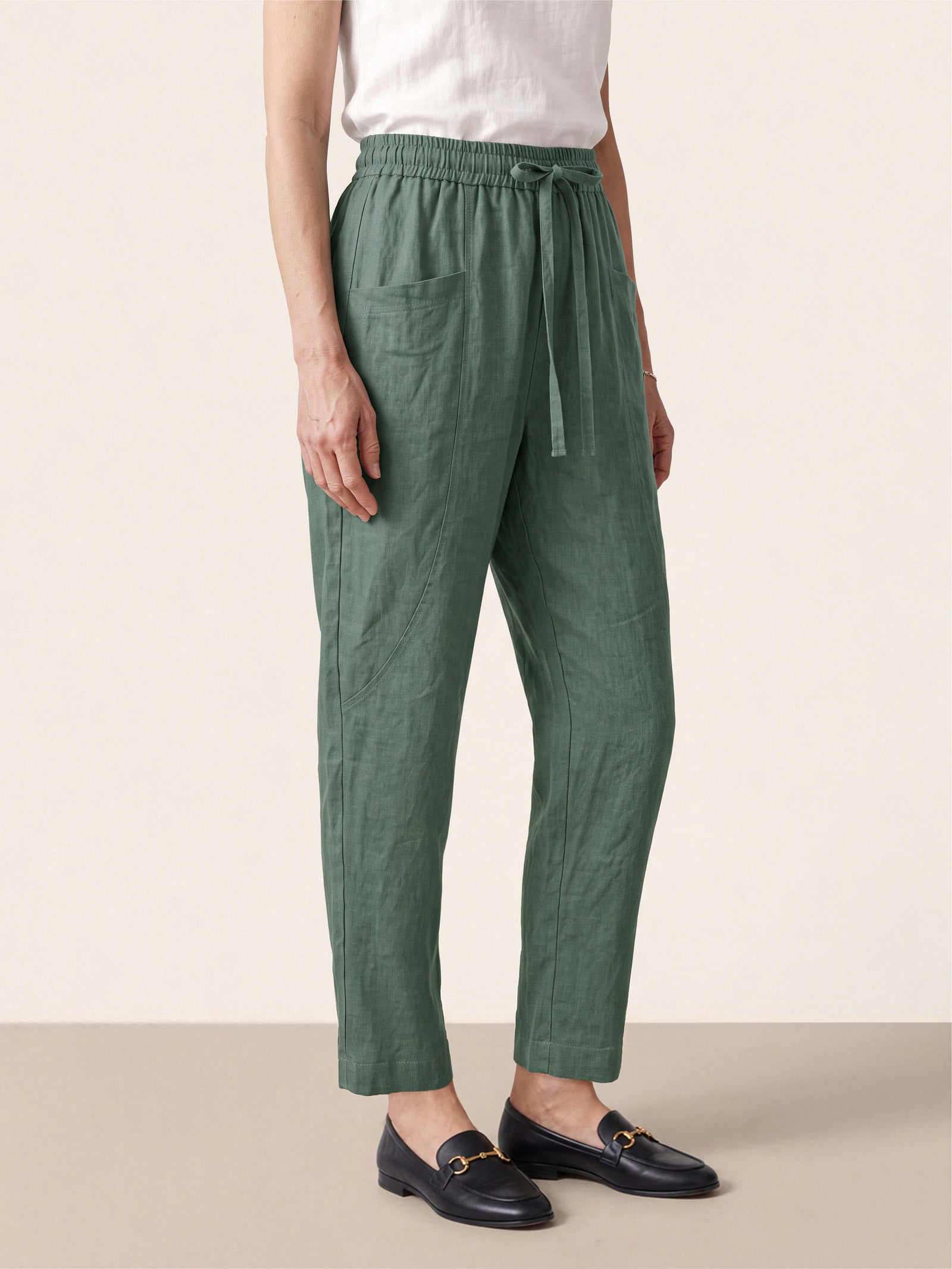 Green 100% Linen Drawstring Utility Ankle Pants AMELINE by LINTICO