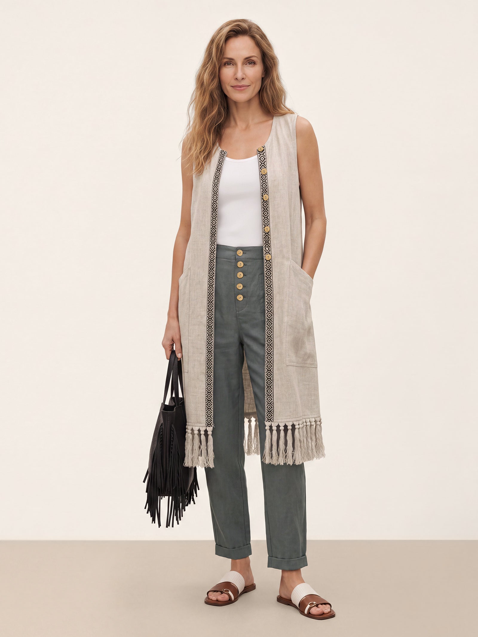 100% Linen Geometric Trim Fringe Hem Long Vest ROSALIE by LINTICO