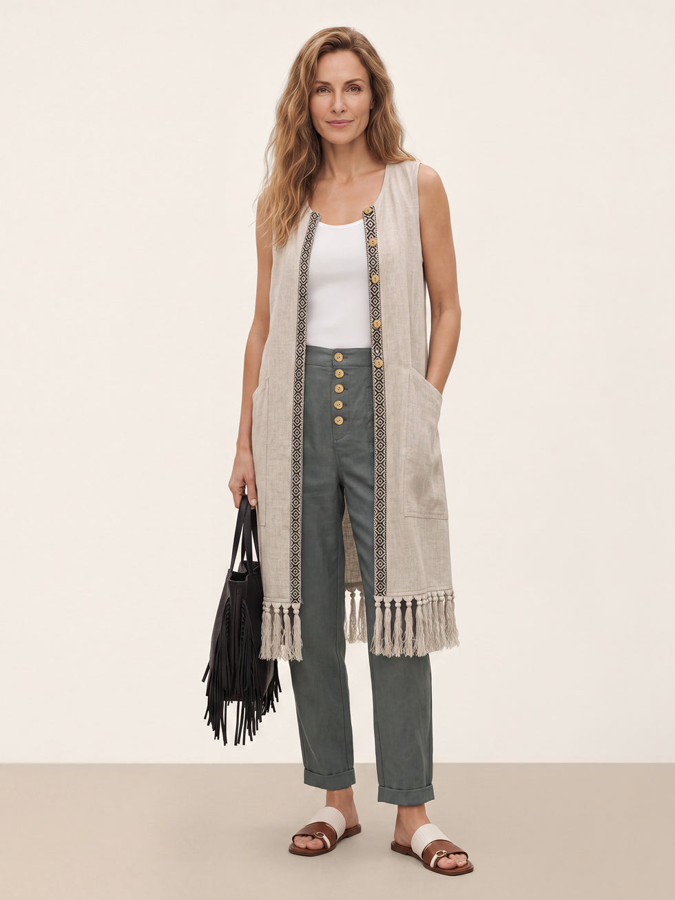 100% Linen Geometric Trim Fringe Hem Long Vest ROSALIE by LINTICO