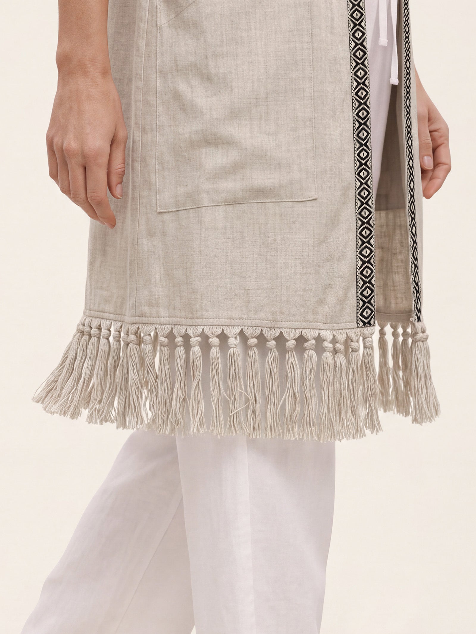100% Linen Geometric Trim Fringe Hem Long Vest ROSALIE by LINTICO
