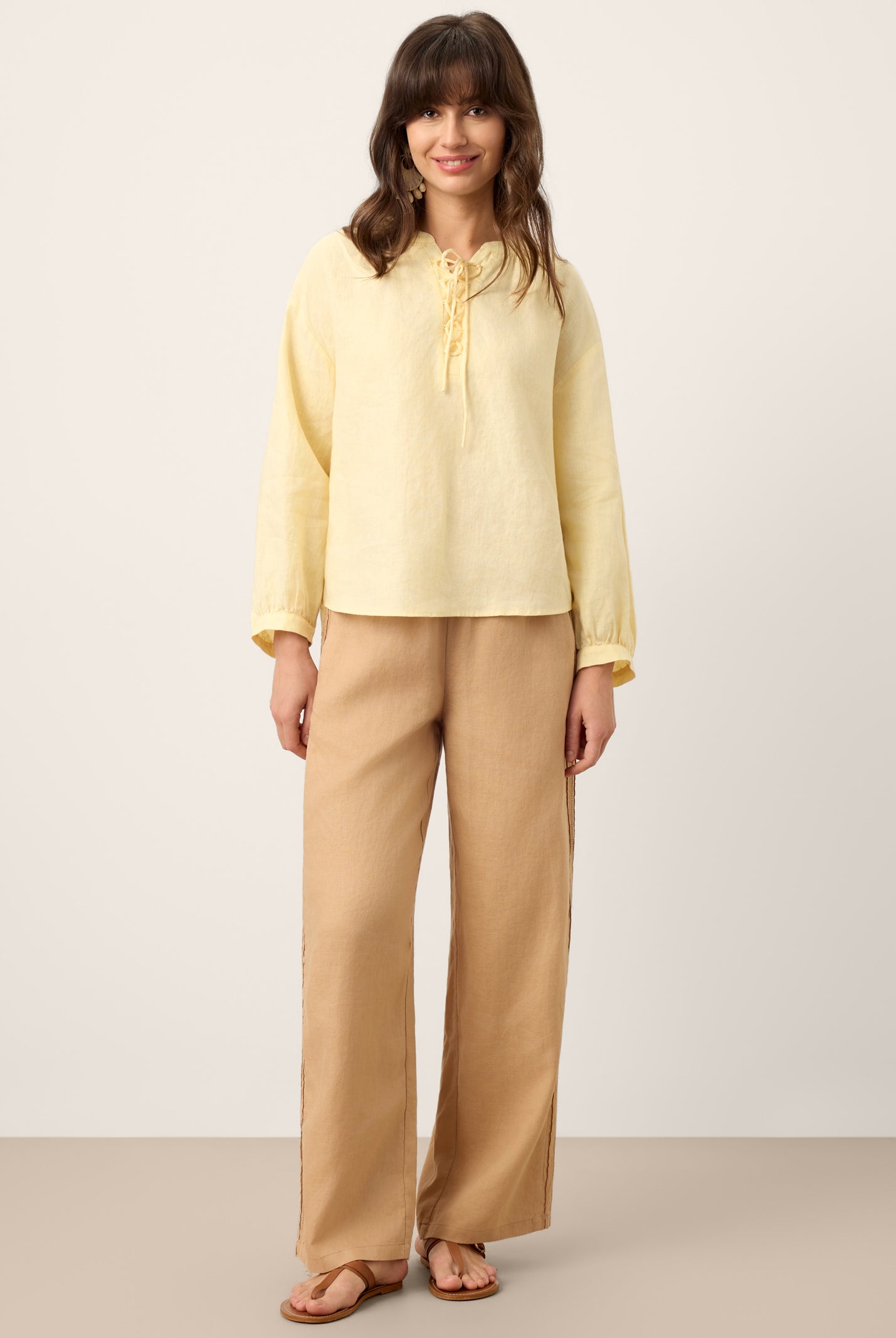 100% Linen Lace-Up Shirred Lantern Sleeve Blouse DOROTHEA by LINTICO for women