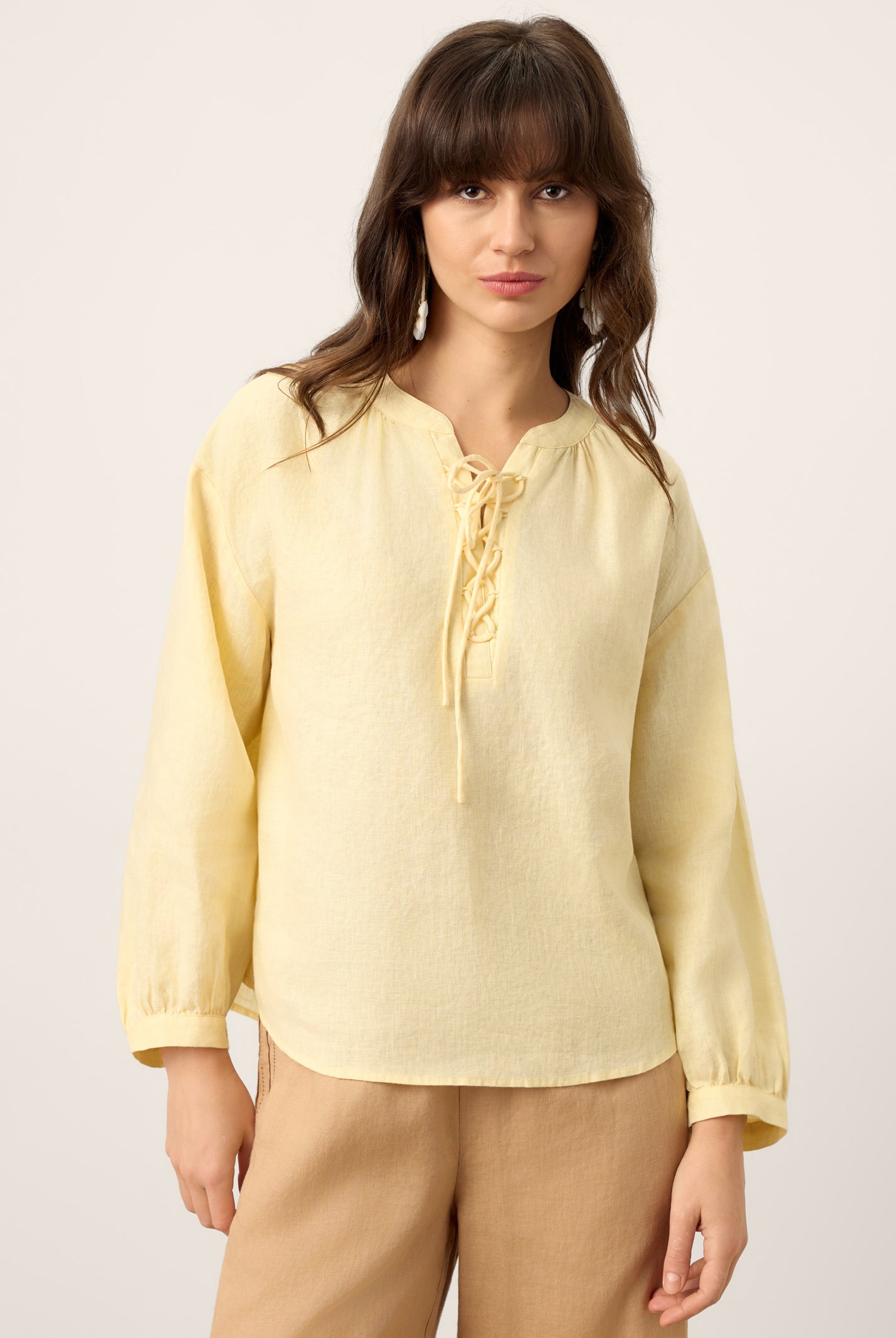 100% Linen Lace-Up Shirred Lantern Sleeve Blouse DOROTHEA by LINTICO for women